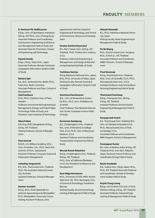 89AIT Annual Report 2010
FACULTY MEMBERS
B. Harimurti W. Hadikusumo	
B.Eng., Univ. of Diponegoro, Indonesia;
M.Eng., AIT; Ph.D., Univ. of Hong Kong
Associate Professor and Coordinator,
Construction, Engineering  Infrastruc-
ture Management Field of Study and
Associate Dean for Promotion, School
of Engineering and Technology
Kiyoshi Honda	
B.Agr., D.Eng., Tokyo Univ., Japan
Associate Professor, Remote Sensing 
Geographic Information Systems Field
of Study
Barbara Igel	
B.A., M.A., Technical Univ., Berlin; Ph.D.,
Freie Univ., Berlin, Germany
Associate Professor and Dean, School of
Management
Said Irandoust	
M.Sc., Ph.D., Chalmers Univ. of Tech.,
Sweden
Professor, Environmental Engineering 
Management; Energy; and Pulp  Paper
Technology Fields of Study, and	
President, Asian Institute of Technology
Nazrul Islam	
B.Sc.Eng., BUET, Bangladesh; M.Eng.,
D.Eng., AIT, Thailand
Visiting Professor, School of Manage-
ment
Paul Janecek	
B.S.E.E., U.S. Military Academy; M.Sc.,
Univ. of London, U.K.;  Ph.D., Swiss Fed-
eral Inst. of Tech., Switzerland
Assistant Professor, Computer Science 
Information Management
Juthathip Jongwanich	
B.A., M.A., Thammasat Univ., Thailand;
Ph.D., The Australian National Univer-
sity, Australia
Assistant Professor, School of Manage-
ment
Damien Jourdain             	
B.Eng., M.Sc., Ecole Nationale Su-
perieure Agronomique de Montpellier;
Ph.D., Montpellier I University, France
Visiting Assistant Professor, Joint
appointment with the School of
Engineering  Technology, and School
of Environment, Resources  Develop-
ment
Voratas Kachitvichyanukul	
B.S., Nat’l. Taiwan Univ.; M.Eng., AIT,
Thailand;  Ph.D., Purdue Univ., Indiana,
U.S.A.
Professor, Industrial Engineering 
Management, and Design  Manufac-
turing Engineering Fields of Study
Yoshikazu Kamiya	
B.Eng,Yokohama National Univ., Japan;
M.Sc, Ph.D., University of Tokyo, Japan
Visiting Faculty, Remote Sensing 
Geographic Information Systems Field
of Study
Kanchana Kanchanasut	
B.Sc., Univ. of Queensland, Austra-
lia; M.Sc., Ph.D., Univ. of Melbourne,
Australia
Chair Professor, Thai Network Informa-
tion Center, Computer Science Field
of Study
Kunnawee Kanitpong	
B.S., Chulalongkorn Univ., Thailand;
M.S., Univ. of Maryland at College
Park, U.S.A.; Ph.D., Univ. of Wisconsin-
Madison, U.S.A.
Assistant Professor and Coordinator,
Transportation Engineering Field of
Study
Worsak Kanok Nukulchai	
B.Eng., Chulalongkorn Univ., Thailand;
M.Eng., AIT, Thailand;
Ph.D., Univ. of California (Berkeley),
U.S.A. Vice President for Resource and
Development
Kare Helge Karstensen	
M.Sc., University of Oslo; MBA, Heriott
Watt Univ. UK;  Ph.D. Norwegian Univ.
of Science  Technology, Trondheim,
Norway
Visiting Faculty, Environmental Engi-
neering  Management Field of Study
	
Akiyuki Kawasaki	
B.S., Ph.D., Yokohama National Univer-
sity, Japan
Visiting Faculty, Water Engineering 
Management Field of Study
Do Ba Khang	
M.Sc., Eotvos Lorand Univ., Hungary;
M.Sc., D.Tech.Sc., AIT, Thailand
Associate Professor and Coordinator,
EMBA-Vietnam , School of Manage-
ment
Pisut Koomsap	
B.Eng., Thammasat Univ., Thailand;
M.Sc., Univ. of Louisville, U.S.A.; Ph.D.,
Pennsylvania State Univ., U.S.A.
Assistant Professor, Industrial  Manu-
facturing Engineering Field of Study
Thammarat Koottatep	
B.Eng., Chiangmai Univ.; M.Eng.,
D.Eng., AIT, Thailand
Assistant Professor, Environmental
Engineering  Management Field of
Study
Donyaprueth Krairit	
B.S., Thammasat Univ., Thailand; M.S.,
Univ. of Colorado at Boulder,U.S.A.;
Ph.D., Massachusetts Inst. of Tech.,
Cambridge, U.S.A.
Associate Professor and Coordinator,
MBA Program, School of Management
Sivanappan Kumar	
B.E., Univ. of Madras, India; M.Eng., AIT,
Thailand; Ph.D., Inst. Nat’l. Polytech-
nique, Toulouse, France Professor and
Coordinator, Energy Field of Study
Kyoko Kusakabe	
B.A., Sophia Univ., Tokyo, Japan; M.Sc.,
Ph.D., AIT, Thailand Associate Professor
and Coordinator, Gender  Develop-
ment Studies Field of Study
Huynh Trung Luong	
B.Eng., Ho Chi Minh City Univ. of Tech.,
Vietnam; M.Eng., D.Eng., AIT, Thailand
Associate Professor, Industrial Engi-
neering  Management Field of Study
 
