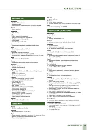 95AIT Annual Report 2010
Sri Lanka
•	 Epic Lanka Group
Thailand
•	 The AIT Alumni Association
•	 Total EP Thailand (TEPT) and Total Professors Association (TPA)
USA
•	 Southern States Energy Board (SSEB)       
	 INTERNATIONAL ORGANIZATIONS
Bangladesh
•	 Yunus Center
France
•	 Télécoms Sans Frontiéres (TSF)
Germany
•	 Katholischer Akademischer Auslander-Dienst (KAAD)
Indonesia
•	 ASEAN Foundation
•	 ASEAN Center for Energy (ACE)
•	 UN Partnership Research Fund - OWATER Project
Japan
•	 Institute for Global Environmental Strategies (IGES)
Maldives
•	 The Regional Integrated Multi-Hazard Early Warning System for
Africa and Asia (RIMES)
Nepal
•	 International Centre for Integrated Mountain Development
(ICIMOD)
The Netherlands
•	 The UNESCO-IHE Institute for Water Education
•	 Gender and Water Alliance (GWA)
Sri Lanka
•	 United Nations Development Programme, Regional Centre in
Colombo
Tanzania
•	 The Global Horticulture Initiative (GlobalHort)
Thailand
•	 Asia-Pacific Association of Agricultural Research Institutions
(APAARI)
•	 Habitat for Humanity Thailand
•	 The Asian and Pacific Centre for Transfer of Technology (APCTT),
ESCAP
•	 United Nations Environment Programme Regional Resource
Centre for Asia and the Pacific (UNEP RRC.AP)
•	 United Nations Economic and Social Commission for Asia and
the Pacific (UNESCAP)
•	 Asian Disaster Preparedness Center (ADPC)
•	 Coordinating Committee for Geoscience Programmes in East and
Southeast Asia
•	 Thai Network Information Center Foundation
•	 Coastal Resources Institute Foundation (CORIN-Asia)
United Nations
•	 The United Nations Development Fund for Women (UNIFEM)
United States of America
•	 International Fellowships Fund, Inc.
•	 International Bank for Reconstruction and Development (World
Bank Group)
•	 Asian Development Bank
•	 The Bridge Fund(TBF)
	 PRIVATE SECTOR
Bangladesh
•	 Institute of Microfinance
•	 Bangladesh Bank
•	 Design Planning and Management Consultants Ltd. (DPM)
Finland
•	 Metso Paper, Inc.
Hong Kong
•	 CSR Asia Ltd.
India
•	 Speck Systems Ltd., Hyderabad
•	 GIS Development Private Limited, Noida
•	 Modi International Studies, Indore
•	 Global Reach
•	 United Group of Institutions
Iran
•	 Research and Consulting Company of Shakhes-Sazan
Japan
•	 Ebara Hatakeyama Memorial Fund
Myanmar
•	 Myanma Computer Company Ltd.
•	 Water, Research and Training Center (WRTC)
•	 United Network - Management and Business Center (UN-MBC)
Nepal
•	 NEC Consultants (Private) Limited
Norway
•	 Norwegian Electricity and Vietnam Electricity (EVN)
Singapore
•	 Skydoor Pte Ltd
•	 LifeWay Holdings Pte Ltd
Sri Lanka
•	 Sri Lanka Land Reclamation  Development Corporation, Sri
Lanka
•	 Ceylinco Education Group
•	 Sri Lankan Airlines Limited
Thailand
•	 The Siam Cement Public Company Limited
•	 Western Digital (WD) (Thailand) Co., Ltd.
•	 Thai Carbon Black PCL
•	 Total Gas  Power
•	 Donaldson (Thailand) Ltd.
•	 IBM, Thailand
•	 Global Siam Gate Company Limited (GSG)
•	 Buildersmart Public Co., Ltd.
•	 Schlumberger Overseas S.A.
•	 Amata Corporation Public Company Limited
•	 Commerce Siam Institute
•	 Sodexo Support Services (Thailand) Ltd.
•	 Innotech Golf Co., Ltd.
•	 Siam City Bank Public Company Ltd.
Vietnam
•	 Portcoast Consultant Corporation
	 ASSOCIATIONS
Europe
•	 EM Euro Asia (Erasmus Mundus)
Myanmar
•	 Myanmar Engineering Society (MES)
Nepal
•	 Nepal Education Foundation - Consortium of Colleges (NEF-CCN)
•	 National Information Technology Institute (NITI)
•	 Nepal Airlines Corporation
AIT PARTNERS
 