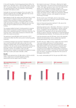 In line with the policy of restricting personal loans (UPLs), the            Net interest income was 11.3% lower, reflecting the higher
balance was 13% lower than in 2010 (£2,883 million). During                  cost of liquid assets. The total commercial spread was lower at
2011, this product began to be selectively marketed at better                1.85%, with higher spreads on loans more than offset by the
risk-adjusted spreads to low risk customers. Gross lending                   greater cost of liquidity and funding. Increases in the
increased 14% relative to 2010.                                              proportion of customers on standard variable rate mortgages
                                                                             helped to partly mitigate the impact of low interest rates.
Santander UK continued to dispose of non-core assets. The                    Higher net interest income in SMEs and corporations reflected
portfolio ended the year at £5,889, 38% lower than at end                    growth in deposits and loans, with spreads on new loans
2010 and 73% below December 2008.                                            continuing to increase.
Retail deposits (£149,192 million) were 3% lower than in 2010.               Net fee income was 5.5% higher, due to a new pricing
The acquisition of deposits slowed in what was a smaller                     structure for current accounts where overdraft interest charges
market of flow and where increased competition led to                        have been replaced with a flat fee.
negative pricing and margins. A managed outflow of these
more rate-sensitive and shorter term deposits was more than                  Gains on financial transactions declined 11.3%, due to the
offset through the additional issuance of medium-term                        impact of lower market activity.
funding.
                                                                             Operating expenses were 1.4% higher, (3% lower in real terms)
This strategy enabled the bank’s funding position to improve                 due to the recruitment of 1,100 people to improve customer
with medium-to long-term funding issuances of £25,000                        service, completed in the first half of 2011, which enabled
million and a substantial reduction in short-term financing. The             Santander UK to repatriate to the UK call centres that were
issuances cover a wide range of products at attractive rates                 abroad, as well as continued investments in Corporate Banking
within the market environment.                                               and Global Banking & Markets. The efficiency ratio was 45.0%.
The opening of some 836,000 current accounts in 2011                         Loan-loss provisions were 36.3% lower, due to the improved
continued to reflect the effort and success in attracting quality            evolution of retail products and to a better than expected
customers.                                                                   arrears performance in the current environment.
A marketing campaign was launched in September to promote                    The NPL ratio was 1.86%, 0.10 p.p. higher than that of 2010.
new current accounts and credit cards, as part of a new                      There was a better performance in all retail products,
strategy to develop better and more lasting relations with                   particularly mortgages and unsecured personal loans, and a
customers. The new current account offers better incentives to               slight deterioration in the fourth quarter in corporate loans,
existing customers, who change their primary account to                      including real estate. The stock of properties in possession
Santander, and the 123 Cashback credit card offer                            remained very low (0.06% of the total portfolio compared to
(reimbursements / rebates on purchases) has helped to increase               0.05% at the end of 2010). In general, the trends were better
openings of credit cards (total: 543,000; +25%).                             than the sector’s, according to the data from the Council of
                                                                             Mortgage Lenders (CML).
Results
Gross income declined from £5,386 million in 2010 to £4,925                  As a result, attributable profit for the year was £993 million.
million, largely due to increased regulatory liquidity
requirements and the higher costs of funding.


Net operating income                   Attributable profit                   NPL ratio                          NPL coverage
Million euros                          Million euros                         %                                  %

-16.4%*          2011-2010            -41.7%*          2011-2010
(*) In sterling: -15.4%               (*) In sterling: -41.0%
                                                                                                     1.86
                   3,735




                                                                                           1.76
                              3,123




                                                          1,965




                                                                                                                              46




                                                                                                                                      38
                                                                     1,145




            2010           2011                   2010            2011              2010          2011                 2010        2011




116                                                                                                                     ANNUAL REPORT 2011
 