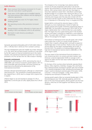 The emergence of an increasingly more adverse external
Latin America                                                             scenario as the year progressed, particularly in the second
      Basic revenues from business increased 12.1% and                    quarter, led central banks to change the bias of their monetary
                                                                          policies. After raising interest rates until July, they began to
      were the main driver in profit growth.
                                                                          show their readiness to lower them. Only Brazil’s central bank
      Costs were 13.0% higher due to installed capacity                   decided to begin to cut interest rates, leaving the Selic at 11%
      and some pressure from inflation and the signing of                 at the end of the year (-150 b.p. since July). The central banks of
      collective agreements.                                              Colombia and Uruguay were the only ones to break with this
                                                                          trend and in the last months of 2011 lifted their key rates by 25
      Loan-loss provisions were 16.7% higher, below                       b.p. in Colombia to 4.75% and by 75 b.p. in Uruguay to 8.75%.
      lending growth.
                                                                          Budget deficits continued the reduction begun in 2010,
      Net operating income after provisions increased
                                                                          although at a more moderate pace, thanks to higher tax
      1.9%.                                                               receipts and the end of public investment programmes begun in
      Strong business activity, reflected in a faster pace of             2008-2009. The fiscal deficit was around 2.3% of GDP for the
      lending (+18%) and deposits (+9%) in all countries.                 region, slightly better than in 2010 (2.4%), but a very healthy
                                                                          level. The region thus has a good starting point if the situation
      Best bank in Latin America according to                             worsens and makes it necessary to implement a more expansive
      Euromoney.                                                          policy. The public debt to GDP ratio is very moderate at close to
                                                                          30% on the average for the region.
                                                                          The evolution of external accounts was also good, with a larger
                                                                          trade surplus than in 2010, as a result of lower growth in
                                                                          imports than in exports, although both continued to expand at
Santander generated attributable profit of EUR 4,664 million in           double-digit rates in most countries. Thanks to this, the current
2011, 1.4% less than in 2010 (+0.1% in constant currency).                account deficit for the region remained below 2% of GDP, in
                                                                          line with 2010. This presents no funding problems given the
The main developments were the notable rise in basic revenues             high level of international reserves (close to $680,000, or 14%
(+12.1%), which did not feed through to profits as it was offset          of the region’s GDP).
by the fall in gains on financial transactions due to the market
situation, the commercial investments and the rise in loan-loss           The main impact of the international financial turbulence on
provisions (+16.7%, but less than the 18% increase in lending).           Latin America was felt in its currency and stock markets. Latin
                                                                          American currencies depreciated 10.6% on average in 2011
Economic environment                                                      against the dollar and the main stock market indices fell 14.7%
Following the solid recovery in 2010, overcoming the crisis of            in local currency.
2008-2009, Latin America’s economic growth eased in 2011 to
more sustainable rates (around 4%), and some countries are                On the basis of the countries where Santander operates (Brazil,
beginning to be affected by the deterioration of the                      Mexico, Chile, Argentina, Colombia, Uruguay, Peru and Puerto
International environment.                                                Rico), banking business recovered its growth rates and increased
                                                                          17%. Lending accelerated to 20%, excluding the exchange rate
Domestic demand remained buoyant, although on a downward                  impact. Loans to individual customers grew 21% (cards: +23%;
trend during 2011. The contribution of external demand was                consumer: +17% and mortgages: +27%), while credit to
less negative than in 2010, due to a sharper fall in imports than         companies and institutions increased 19%.
in exports.
                                                                          Savings growth eased a little, but remained double-digit (+15%).
Inflation began to rise and reached an average of 5.7% in                 Demand deposits rose 13%. Generally speaking, and on the
September, to end the year at 5.6%, slightly above the 5.5% of            basis of the main financial systems, Brazil’s growth was the most
2010.                                                                     dynamic, while that of Chile (together with Mexico) was more
                                                                          moderate.



Loans                                Savings                              Net interest income /                      Net operating income
% y-o-y variation w/o forex impact   % y-o-y variation w/o forex impact   provisions % o/ ATAs                       Million euros

                                                                                                                    + 6.5%*        2011-2010
                                                                            6.10                                    (*) Excluding exchange rate impact: +7.3%
                                                                                              6.04
                                                                                                     Net interest
                        +17.9




                                                                                                      income
                                                                                                                                                     13,533
                                                                                                                                      12,705
             +14.7




                                                                            4.15
                                                   +8.1




                                                                                              4.04



                                                                                                     Provisions
                                                             +2.0




                                                                            1.95              2.00

      2010           2011                   2010          2011             2010              2011                              2010            2011




118                                                                                                                              ANNUAL REPORT 2011
 