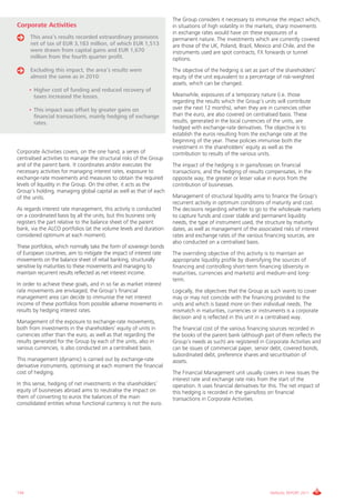 The Group considers it necessary to immunise the impact which,
Corporate Activities                                                 in situations of high volatility in the markets, sharp movements
                                                                     in exchange rates would have on these exposures of a
      This area’s results recorded extraordinary provisions          permanent nature. The investments which are currently covered
      net of tax of EUR 3,183 million, of which EUR 1,513            are those of the UK, Poland, Brazil, Mexico and Chile, and the
      were drawn from capital gains and EUR 1,670                    instruments used are spot contracts, FX forwards or tunnel
      million from the fourth quarter profit.                        options.
      Excluding this impact, the area’s results were                 The objective of the hedging is set as part of the shareholders’
      almost the same as in 2010:                                    equity of the unit equivalent to a percentage of risk-weighted
                                                                     assets, which can be changed.
      • Higher cost of funding and reduced recovery of
        taxes increased the losses.                                  Meanwhile, exposures of a temporary nature (i.e. those
                                                                     regarding the results which the Group’s units will contribute
      • This impact was offset by greater gains on                   over the next 12 months), when they are in currencies other
        financial transactions, mainly hedging of exchange           than the euro, are also covered on centralised basis. These
        rates.                                                       results, generated in the local currencies of the units, are
                                                                     hedged with exchange-rate derivatives. The objective is to
                                                                     establish the euros resulting from the exchange rate at the
                                                                     beginning of the year. These policies immunise both the
                                                                     investment in the shareholders’ equity as well as the
Corporate Activities covers, on the one hand, a series of            contribution to results of the various units.
centralised activities to manage the structural risks of the Group
and of the parent bank. It coordinates and/or executes the           The impact of the hedging is in gains/losses on financial
necessary activities for managing interest rates, exposure to        transactions, and the hedging of results compensates, in the
exchange-rate movements and measures to obtain the required          opposite way, the greater or lesser value in euros from the
levels of liquidity in the Group. On the other, it acts as the       contribution of businesses.
Group’s holding, managing global capital as well as that of each
of the units.                                                        Management of structural liquidity aims to finance the Group’s
                                                                     recurrent activity in optimum conditions of maturity and cost.
As regards interest rate management, this activity is conducted      The decisions regarding whether to go to the wholesale markets
on a coordinated basis by all the units, but this business only      to capture funds and cover stable and permanent liquidity
registers the part relative to the balance sheet of the parent       needs, the type of instrument used, the structure by maturity
bank, via the ALCO portfolios (at the volume levels and duration     dates, as well as management of the associated risks of interest
considered optimum at each moment).                                  rates and exchange rates of the various financing sources, are
                                                                     also conducted on a centralised basis.
These portfolios, which normally take the form of sovereign bonds
of European countries, aim to mitigate the impact of interest rate   The overriding objective of this activity is to maintain an
movements on the balance sheet of retail banking, structurally       appropriate liquidity profile by diversifying the sources of
sensitive by maturities to these movements and managing to           financing and controlling short-term financing (diversity in
maintain recurrent results reflected as net interest income.         maturities, currencies and markets) and medium-and long-
                                                                     term.
In order to achieve these goals, and in so far as market interest
rate movements are envisaged, the Group’s financial                  Logically, the objectives that the Group as such wants to cover
management area can decide to immunise the net interest              may or may not coincide with the financing provided to the
income of these portfolios from possible adverse movements in        units and which is based more on their individual needs. The
results by hedging interest rates.                                   mismatch in maturities, currencies or instruments is a corporate
                                                                     decision and is reflected in this unit in a centralised way.
Management of the exposure to exchange-rate movements,
both from investments in the shareholders’ equity of units in        The financial cost of the various financing sources recorded in
currencies other than the euro, as well as that regarding the        the books of the parent bank (although part of them reflects the
results generated for the Group by each of the units, also in        Group’s needs as such) are registered in Corporate Activities and
various currencies, is also conducted on a centralised basis.        can be issues of commercial paper, senior debt, covered bonds,
                                                                     subordinated debt, preference shares and securitisation of
This management (dynamic) is carried out by exchange-rate            assets.
derivative instruments, optimising at each moment the financial
cost of hedging.                                                     The Financial Management unit usually covers in new issues the
                                                                     interest rate and exchange rate risks from the start of the
In this sense, hedging of net investments in the shareholders’       operation. It uses financial derivatives for this. The net impact of
equity of businesses abroad aims to neutralise the impact on         this hedging is recorded in the gains/loss on financial
them of converting to euros the balances of the main                 transactions in Corporate Activities.
consolidated entities whose functional currency is not the euro.




134                                                                                                               ANNUAL REPORT 2011
 