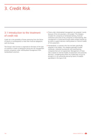Informe_Gestion Riesgos 2011_ENG_V17:esp 28/02/12 11:17 Página 156




      3. Credit Risk




      3.1 Introduction to the treatment                                    • Those under individualised management are assigned, mainly
                                                                             because of the risk assumed, a risk analyst. This category
      of credit risk                                                         includes the companies of wholesale banking, financial
                                                                             institutions and some of the companies of retail banking. Risk
      Credit risk is the possibility of losses stemming from the failure     management is conducted through expert analysis backed up
      of clients or counterparties to meet their financial obligations       by tools to support decision-making based on internal models
      with the Group.                                                        of risk assessment.
                                                                           • Standardised: a customer who has not been specifically
      The Group’s risks function is organised on the basis of the type       assigned a risk analyst. This category generally includes
      of customer in order to distinguish during the risk management         individuals, individual businessmen and retail banking
      process companies under individualised management from                 companies that are not segmented. Management of these
      standardised customers.                                                risks is based on internal models of assessment and automatic
                                                                             decisions, complemented where the model does not go far
                                                                             enough or is not sufficiently precise by teams of analysts
                                                                             specialised in this type of risk.




      156                                                                                                            ANNUAL REPORT 2011
 