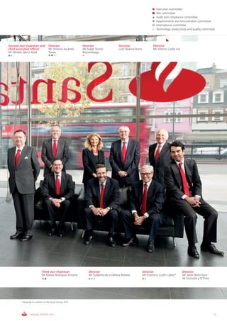 Executive committee
                                                                                                                       Risk committee
                                                                                                                       Audit and compliance committee
                                                                                                                       Appointments and remuneration committee
                                                                                                                       International committee
                                                                                                                       Technology, productivity and quality committee




Second vice-chairman and            Director                 Director                   Director                     Director
chief executive officer             Mr Antonio Escámez       Ms Isabel Tocino           Lord Terence Burns           Mr Vittorio Corbo Lioi
Mr Alfredo Sáenz Abad               Torres                   Biscarolasaga




                             Third vice-chairman                 Director                                    Director                         Director
                             Mr Matías Rodríguez Inciarte        Mr Guillermo de la Dehesa Romero            Mr Francisco Luzón López *       Mr Javier Botín-Sanz
                                                                                                                                              de Sautuola y O’Shea




        * Resigned his position on the board January 2012.




                ANNUAL REPORT 2011                                                                                                                                   15
 