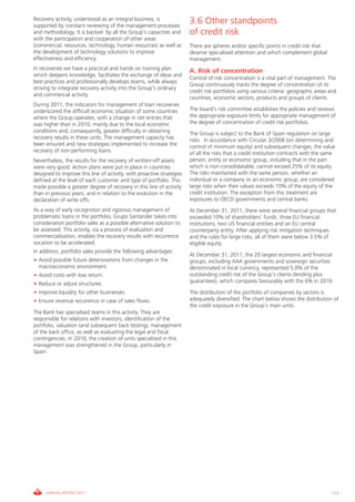 Informe_Gestion Riesgos 2011_ENG_V17:esp 28/02/12 11:18 Página 173




             Recovery activity, understood as an integral business, is              3.6 Other standpoints
             supported by constant reviewing of the management processes
             and methodology. It is backed by all the Group’s capacities and        of credit risk
             with the participation and cooperation of other areas
             (commercial, resources, technology, human resources) as well as        There are spheres and/or specific points in credit risk that
             the development of technology solutions to improve                     deserve specialised attention and which complement global
             effectiveness and efficiency.                                          management.
             In recoveries we have a practical and hands on training plan           A. Risk of concentration
             which deepens knowledge, facilitates the exchange of ideas and
                                                                                    Control of risk concentration is a vital part of management. The
             best practices and professionally develops teams, while always
                                                                                    Group continuously tracks the degree of concentration of its
             striving to integrate recovery activity into the Group’s ordinary
                                                                                    credit risk portfolios using various criteria: geographic areas and
             and commercial activity.
                                                                                    countries, economic sectors, products and groups of clients.
             During 2011, the indicators for management of loan recoveries
             underscored the difficult economic situation of some countries         The board’s risk committee establishes the policies and reviews
             where the Group operates, with a change in net entries that            the appropriate exposure limits for appropriate management of
             was higher than in 2010, mainly due to the local economic              the degree of concentration of credit risk portfolios.
             conditions and, consequently, greater difficulty in obtaining          The Group is subject to the Bank of Spain regulation on large
             recovery results in these units. The management capacity has           risks. In accordance with Circular 3/2008 (on determining and
             been ensured and new strategies implemented to increase the            control of minimum equity) and subsequent changes, the value
             recovery of non-performing loans.                                      of all the risks that a credit institution contracts with the same
             Nevertheless, the results for the recovery of written-off assets       person, entity or economic group, including that in the part
             were very good. Action plans were put in place in countries            which is non-consolidatable, cannot exceed 25% of its equity.
             designed to improve this line of activity, with proactive strategies   The risks maintained with the same person, whether an
             defined at the level of each customer and type of portfolio. This      individual or a company or an economic group, are considered
             made possible a greater degree of recovery in this line of activity    large risks when their values exceeds 10% of the equity of the
             than in previous years, and in relation to the evolution in the        credit institution. The exception from this treatment are
             declaration of write offs.                                             exposures to OECD governments and central banks.
             As a way of early recognition and rigorous management of               At December 31, 2011, there were several financial groups that
             problematic loans in the portfolio, Grupo Santander takes into         exceeded 10% of shareholders’ funds: three EU financial
             consideration portfolio sales as a possible alternative solution to    institutions, two US financial entities and an EU central
             be assessed. This activity, via a process of evaluation and            counterparty entity. After applying risk mitigation techniques
             commercialisation, enables the recovery results with recurrence        and the rules for large risks, all of them were below 3.5% of
             vocation to be accelerated.                                            eligible equity.
             In addition, portfolio sales provide the following advantages:
                                                                                    At December 31, 2011, the 20 largest economic and financial
             • Avoid possible future deteriorations from changes in the             groups, excluding AAA governments and sovereign securities
               macroeconomic environment.                                           denominated in local currency, represented 5.0% of the
             • Avoid costs with low return.                                         outstanding credit risk of the Group’s clients (lending plus
             • Reduce or adjust structures.                                         guarantees), which compares favourably with the 6% in 2010.
             • Improve liquidity for other businesses.                              The distribution of the portfolio of companies by sectors is
             • Ensure revenue recurrence in case of sales flows.                    adequately diversified. The chart below shows the distribution of
                                                                                    the credit exposure in the Group’s main units.
             The Bank has specialised teams in this activity. They are
             responsible for relations with investors, identification of the
             portfolio, valuation (and subsequent back testing), management
             of the back office, as well as evaluating the legal and fiscal
             contingencies. In 2010, the creation of units specialised in this
             management was strengthened in the Group, particularly in
             Spain.




                  ANNUAL REPORT 2011                                                                                                                173
 