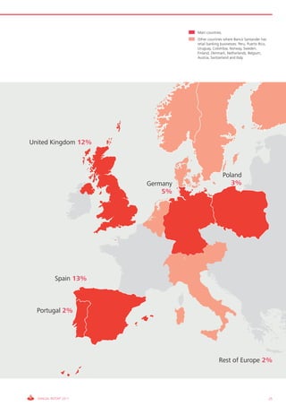 Main countries.
                                 Other countries where Banco Santander has
                                 retail banking businesses: Peru, Puerto Rico,
                                 Uruguay, Colombia, Norway, Sweden,
                                 Finland, Denmark, Netherlands, Belgium,
                                 Austria, Switzerland and Italy.




United Kingdom 12%



                                                   Poland
                       Germany                        3%
                           5%




           Spain 13%



  Portugal 2%




                                              Rest of Europe 2%




  ANNUAL REPORT 2011                                                             25
 