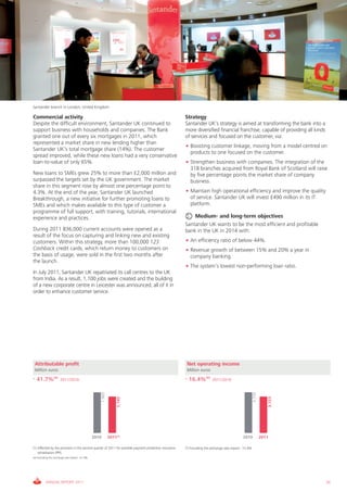 Santander branch in London, United Kingdom

Commercial activity                                                                                     Strategy
Despite the difficult environment, Santander UK continued to                                            Santander UK’s strategy is aimed at transforming the bank into a
support business with households and companies. The Bank                                                more diversified financial franchise, capable of providing all kinds
granted one out of every six mortgages in 2011, which                                                   of services and focused on the customer, via:
represented a market share in new lending higher than
                                                                                                        • Boosting customer linkage, moving from a model centred on
Santander UK’s total mortgage share (14%). The customer
                                                                                                          products to one focused on the customer.
spread improved, while these new loans had a very conservative
loan-to-value of only 65%.                                                                              • Strengthen business with companies. The integration of the
                                                                                                          318 branches acquired from Royal Bank of Scotland will raise
New loans to SMEs grew 25% to more than £2,000 million and                                                by five percentage points the market share of company
surpassed the targets set by the UK government. The market                                                business.
share in this segment rose by almost one percentage point to
4.3%. At the end of the year, Santander UK launched                                                     • Maintain high operational efficiency and improve the quality
Breakthrough, a new initiative for further promoting loans to                                             of service. Santander UK will invest £490 million in its IT
SMEs and which makes available to this type of customer a                                                 platform.
programme of full support, with training, tutorials, international
experience and practices.                                                                                   Medium- and long-term objectives
                                                                                                        Santander UK wants to be the most efficient and profitable
During 2011 836,000 current accounts were opened as a                                                   bank in the UK in 2014 with:
result of the focus on capturing and linking new and existing
customers. Within this strategy, more than 100,000 123                                                  • An efficiency ratio of below 44%.
Cashback credit cards, which return money to customers on                                               • Revenue growth of between 15% and 20% a year in
the basis of usage, were sold in the first two months after                                               company banking.
the launch.
                                                                                                        • The system’s lowest non-performing loan ratio.
In July 2011, Santander UK repatriated its call centres to the UK
from India. As a result, 1,100 jobs were created and the building
of a new corporate centre in Leicester was announced, all of it in
order to enhance customer service.




 Attributable profit                                                                                     Net operating income
 Million euros                                                                                           Million euros

- 41.7%(*)            2011/2010                                                                         - 16.4%(*)        2011/2010
                                                                                                                                                         3,735
                                                        1,965


                                                                     1,145




                                                                                                                                                                    3,123




                                                 2010           2011(1)                                                                         2010             2011

(1) Affected by the provision in the second quarter of 2011 for possible payment protection insurance   (*) Excluding the exchange-rate impact: -15.4%
    remediation (PPI).
( ) Excluding the exchange-rate impact: -41.0%
*



          ANNUAL REPORT 2011                                                                                                                                                   35
 