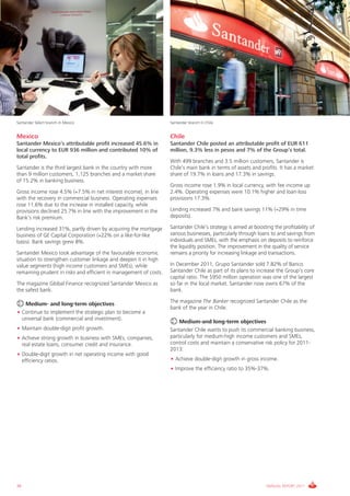 Santander Select branch in Mexico                                  Santander branch in Chile


Mexico                                                             Chile
Santander Mexico’s attributable profit increased 45.6% in          Santander Chile posted an attributable profit of EUR 611
local currency to EUR 936 million and contributed 10% of           million, 9.3% less in pesos and 7% of the Group’s total.
total profits.
                                                                   With 499 branches and 3.5 million customers, Santander is
Santander is the third largest bank in the country with more       Chile’s main bank in terms of assets and profits. It has a market
than 9 million customers, 1,125 branches and a market share        share of 19.7% in loans and 17.3% in savings.
of 15.2% in banking business.
                                                                   Gross income rose 1.9% in local currency, with fee income up
Gross income rose 4.5% (+7.5% in net interest income), in line     2.4%. Operating expenses were 10.1% higher and loan-loss
with the recovery in commercial business. Operating expenses       provisions 17.3%.
rose 11.6% due to the increase in installed capacity, while
provisions declined 25.7% in line with the improvement in the      Lending increased 7% and bank savings 11% (+29% in time
Bank’s risk premium.                                               deposits).

Lending increased 31%, partly driven by acquiring the mortgage     Santander Chile’s strategy is aimed at boosting the profitability of
business of GE Capital Corporation (+22% on a like-for-like        various businesses, particularly through loans to and savings from
basis). Bank savings grew 8%.                                      individuals and SMEs, with the emphasis on deposits to reinforce
                                                                   the liquidity position. The improvement in the quality of service
Santander Mexico took advantage of the favourable economic         remains a priority for increasing linkage and transactions.
situation to strengthen customer linkage and deepen it in high
value segments (high income customers and SMEs), while             In December 2011, Grupo Santander sold 7.82% of Banco
remaining prudent in risks and efficient in management of costs.   Santander Chile as part of its plans to increase the Group’s core
                                                                   capital ratio. The $950 million operation was one of the largest
The magazine Global Finance recognized Santander Mexico as         so far in the local market. Santander now owns 67% of the
the safest bank.                                                   bank.
                                                                   The magazine The Banker recognized Santander Chile as the
   Medium- and long-term objectives
                                                                   bank of the year in Chile.
• Continue to implement the strategic plan to become a
  universal bank (commercial and investment).
                                                                       Medium-and long-term objectives
• Maintain double-digit profit growth.                             Santander Chile wants to push its commercial banking business,
• Achieve strong growth in business with SMEs, companies,          particularly for medium-high income customers and SMEs,
  real estate loans, consumer credit and insurance.                control costs and maintain a conservative risk policy for 2011-
                                                                   2013:
• Double-digit growth in net operating income with good
  efficiency ratios.                                               • Achieve double-digit growth in gross income.
                                                                   • Improve the efficiency ratio to 35%-37%.




38                                                                                                              ANNUAL REPORT 2011
 