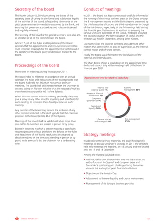 Secretary of the board                                                Conduct of meetings
The Bylaws (article 45.2) include among the duties of the             In 2011, the board was kept continuously and fully informed of
secretary those of caring for the formal and substantive legality     the running of the various business areas of the Group through
of the activities of the board, safeguarding observance of the        the 8 management reports and the 8 risks reports presented by
good governance recommendations assumed by the Bank, and              the chief executive officer and the third vice-chairman in charge
ensuring that governance procedures and rules are observed            of the risk division, respectively, at the 14 meetings held during
and regularly reviewed.                                               the financial year. Furthermore, in addition to reviewing the
                                                                      various units and businesses of the Group, the board analysed
The secretary of the board is the general secretary, who also acts    the liquidity situation, the self-evaluation of capital and the
as secretary of all of the committees of the board.                   Investor Day held in September, among other matters.
Article 17.4.d) of the Rules and Regulations of the Board             During the year, the board of directors also addressed other
provides that the appointments and remuneration committee             matters that come within its area of supervision, as the internal
must report on proposals for the appointment or withdrawal of         control model and off-shore centres.
the secretary of the board prior to submission thereof to the
board.                                                                Finally, the board was informed of the conclusions of the
                                                                      external and internal audits.
                                                                      The chart below shows a breakdown of the approximate time
Proceedings of the board                                              dedicated to each duty at the meetings held by the board in
                                                                      financial year 2011.
There were 14 meetings during financial year 2011.
The board holds its meetings in accordance with an annual             Approximate time devoted to each duty
calendar. The Rules and Regulations of the Board provide that
the board shall hold not less than nine annual ordinary
meetings. The board shall also meet whenever the chairman so
                                                                                     Internal and             Business
decides, acting on his own initiative or at the request of not less           external audits 5%              management 35%
than three directors (article 46.1 of the Bylaws).
                                                                        Review of financial
                                                                          information 5%
When directors cannot attend a meeting personally, they may
give a proxy to any other director, in writing and specifically for          Corporate
                                                                        governance 5%
each meeting, to represent them for all purposes at such
meeting.                                                                      Capital and
                                                                           liquidity 10%
Any member of the board may request the inclusion of any
other item not included in the draft agenda that the chairman
proposes to the board (article 46.2 of the Bylaws).
                                                                                    General policies            Risk management
Meetings of the board shall be validly held when more than                       and strategies15%              25%
one-half of its members are present in person or by proxy.
Except in instances in which a greater majority is specifically
required pursuant to legal provisions, the Bylaws or the Rules
and Regulations of the Board, resolutions are adopted by              Strategy meetings
absolute majority of the directors attending in person or by
proxy. In the event of a tie, the chairman has a tie-breaking         In addition to the ordinary meetings, the board held specific
vote.                                                                 meetings to discuss Santander’s strategy. In 2011, the directors
                                                                      held two meetings: the first one, on 18 January, and the second
                                                                      one, on 17 and 18 December.
                                                                      Among the matters discussed were:
                                                                      • The macroeconomic environment and the financial sector,
                                                                        with a focus on the Spanish and European cases and
                                                                        Santander´s positioning and challenges facing Santander
                                                                        vis-à-vis the leading European financial institutions.
                                                                      • Objectives of the Investor Day.
                                                                      • Adjustment to the new liquidity and capital environment.
                                                                      • Management of the Group’s business portfolio.




      ANNUAL REPORT 2011                                                                                                              63
 
