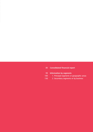 80   Consolidated financial report

 99   Information by segments
100      1. Principal segments or geographic areas
136      2. Secondary segments or by business




                                                     79
 