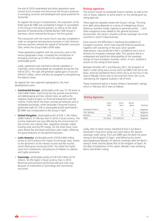 the end of 2010 materialised and other operations were           Rating agencies
  carried out to increase and restructure the Group’s presence     The Group’s access to wholesale finance markets, as well as the
  in emerging countries and developed with great potential for     cost of issues, depend, to some extent, on the ratings given by
  Santander.                                                       rating agencies.
  As regards the Group’s incorporations, the acquisition of the    These agencies regularly review the Group’s ratings. The long-
  Polish bank BZ WBK was completed (it began to consolidate        term debt rating depends on a series of endogenous factors
  in the Group in the second quarter), as well as of the retail    (solvency, business model, capacity to generate profits, ...) and
  business of Skandinaviska Enskilda Banken (SEB Group) in         other exogenous ones related to the general economic
  Germany, which entered the Group in the first quarter.           environment, the sector’s situation and the sovereign risk of the
                                                                   countries in which it does business.
  The transaction with the insurer Zurich was also completed in
  order to reorganise bancassurance business in Latin America      Since autumn the difficulties in resolving the problems of
  and new partners entered the capital of Santander Consumer       European countries, which have required financial assistance,
  USA, where the Group holds a 65% stake.                          together with worsening of the euro zone’s growth
                                                                   expectations, have produced a fall in confidence and a rise in
  These operations together with the economic cycle in the         tensions on European sovereign debt. This situation led to a
  various geographic areas, increased the contribution of          widespread and significant downgrading of the sovereign
  emerging countries up to 54% of the operating areas              ratings of many European countries, which, in turn, resulted in
  attributable profit.                                             actions on the rating of their banks.
  Lastly, agreement was reached to sell the subsidiary in          Between October 2011 and February 2012, the Kingdom of
  Colombia, which will probably be completed during the first      Spain’s credit rating was cut one notch by DBRS from AA to AA
  half of 2012. This sale will generate capital gains of around    (low), three by Standard & Poor’s (from AA to A) and four in the
  EUR 615 million, which will also be assigned to strengthening    case of Moody’s (from Aa2 to A3) and Fitch (from AA+ to A),
  the balance sheet.                                               maintaining the negative outlook in all of them.
As regards the main segments (geographic), the main                These movements led to a review of Banco Santander’s ratings,
developments were:                                                 which in February 2012 were as follows:
• Continental Europe: attributable profit was 15.1% lower at
  EUR 2,849 million, hard hit by the low growth environment
  and deleveraging and low interest rates, as well as the          Rating Agencies
  negative impact of gains on financial transactions and fee
  income. Profits fell at the three commercial networks and at                            Long         Short    Stand-
  wholesale businesses, while Santander Consumer Finance                                  term          term     alone       Outlook
  performed well (+51.5% in attributable profit) and Poland’s
                                                                   Standard & Poor’s         A+          A-1         a      Negative
  BZ WBK was incorporated to the Group in April.
                                                                   Fitch Ratings              A           F1         a      Negative
• United Kingdom: attributable profit of EUR 1,145 million         Moody’s                  Aa3           P1        B-      Negative
  (£993 million), 41.0% less than in 2010 in local currency. The   DBRS                AA (low)   R1(medium)                Negative
  income statement was very affected by the environment of
  low activity, low interest rates, regulatory changes, higher
  funding costs and the PPI charge. On the other hand, costs
  were almost flat and fewer provisions were made, reflecting      Lastly, after its latest review, Standard & Poor’s put Banco
  the good evolution of non-performing loans.                      Santander’s long-term rating one notch above the Spanish
                                                                   sovereign credit rating. Fitch and DBRS give the Bank the same
• Latin America: attributable profit of EUR 4,664 million,         rating as the Kingdom of Spain, and following the recent
  similar to 2010 without the impact of exchange rates, thanks     downgrading by Moody's of Spanish sovereign debt the Bank’s
  to the dynamism of net interest income and fee income,           rating is three notches above that of the Kingdom of Spain. At
  which lifted gross income by 9.5%. This offset the higher        the date of publication of this report, Moody’s was reviewing
  costs from investments, the pressure of inflation on salaries    Banco Santander’s rating.
  and higher provisions.
• Sovereign: attributable profits of EUR 526 million ($732
  million), 30.3% higher in local currency than in 2010.
  Revenues and provisions performed well and costs rose
  because of investments in technology and commercial
  structures.




     ANNUAL REPORT 2011                                                                                                              83
 