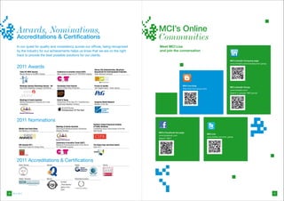 Awards, Nominations,                                                                                                                            MCI’s Online
        Accreditations & Certiﬁcations                                                                                                                  Communities
        In our quest for quality and consistency across our offices, being recognized                                                                   Meet MCI Live
        by the industry for our achievements helps us know that we are on the right                                                                     and join the conversation
        track to provide the best possible solutions for our clients.
                                                                                                                                                                                                                                MCI LinkedIn Company page
                                                                                                                                                                                                                                www.linkedin.com/company/mci-group
        2011 Awards                                                                                         Vienna City Administration, Municipal
           China BT MICE Awards                            Conference & Incentive Travel (C&IT)             Department for Environmental Protection
           Miracle Worker of the MICE Industry             Best Congress Award for 44th ESPGHAN Congress    Green Business Company




           Meetings Industry Marketing Awards - UK         Eventoplus Event Awards                          Procter & Gamble                                                 MCI Live blog
           Best Brand Marketing Campaign Gold Winner       Winner of Best Show Production                   Star Supplier Award - Dorier Geneva                                                                                 MCI LinkedIn Group
                                                                                                                                                                             http://live.mci-group.com/
                                                                                                                                                                                                                                www.linkedin.com/
                                                                                                                                                                                                                                Search in groups “MCI group”


           Meetings & Events Australia                     Ernst & Young
           Meeting Management Company (8 or more           Entrepreneur of the Year 2011 Trade/Services,    Congress Rental Network
           employees)                                      Switzerland (Sébastien Tondeur)                  Member of the Year




        2011 Nominations
                                                                                                           Northern Ireland Chartered Institute
                                                          Meetings & Events Australia                      of Public Relations
          Middle East Event Show                          USI Young Professional Industry Scholarship      Outstanding Young Communicator of the Year
          Best Meeting or Conference                      (Meghan Whalley)                                 (Neil Dalzell)
                                                                                                                                                        MCI’s Facebook fan page
                                                                                                                                                                                                          MCI Live
                                                                                                                                                        www.facebook.com
                                                                                                                                                                                                          www.twitter.com/mci_group
                                                                                                                                                        Search “MCI”

                                                          Conference & Incentive Travel (C&IT)
          EVA Awards 2011                                 Medical & Pharmaceutical Event of the Year for   The Swiss Expo and Event Award
          Best Event Project for Amway China              44th ESPGHAN Congress                            Xaver 2011




        2011 Accreditations & Certifications
          Dorier Geneva                          Geneva                             Global                             Vienna




          Global / Brussels                      Munich                             Petersﬁeld (London)
                                                                Certiﬁed
                                                                „Pharmakodex“-
                                                                agency since
                                                                2009
46   Meet MCI                                                                                                                                                                                                                                                        47
 