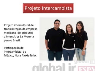 Projeto Intercambista


Projeto intercultural de
tropicalização da empresa
mexicana de produtos
alimentícios La Morena
para o Brasil.

Participação de
intercambista do
México, Nora Alexis Tello.
 