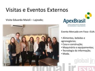 Visitas e Eventos Externos
Visita Eduarda Maioli – Lajeado;



                                   Evento Mercado em Foco -EUA:

                                   • Alimentos, bebidas e
                                   agronegócios;
                                   • Casa e construção;
                                   • Maquinário e equipamentos;
                                   • Tecnologia da informação;
                                   • Moda.
 
