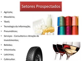 Setores Prospectados
• Agrícola;
• Moveleiro;
• Têxtil;
• Tecnologia da Informação;
• Pneumáticos;
• Serviços - Consultoria e Atração de
   Investimentos;
• Bebidas;
• Vitivinícola;
• Laticínios;
• Cafeicultor.
 