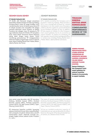 PT SEMEN GRESIK (PERSERO) Tbk.
155
PEMBAHASAN DAN
ANALISIS MANAJEMEN
LAPORAN TATA
KELOLA PERUSAHAAN
LAPORAN TANGGUNG JAWAB
SOSIAL PERUSAHAAN LAIN-LAIN
MANAGEMENT’S DISCUSSION
AND ANALYSIS
CORPORATE
GOVERNANCE REPORT
CORPORATE SOCIAL
RESPONSIBILITY REPORT
OTHERS
TINJAUAN
KINERJA
entitas anak
konsolidasi
Consolidated
Performance
Review of the
Subsidiaries
Segmen Usaha Semen
PT Semen Padang (SP)
SP dimiliki oleh Perseroan dengan persentase
kepemilikan 99,99%, berlokasi di Indarung, Padang,
Sumatera Barat. Lokasi SP sangat strategis untuk
mendistribusikan semen di daerah pasar utama SP
di wilayah Sumatera dan menjadikan SP sebagai
pemasok kebutuhan semen terbesar di wilayah
Sumatera dan sebagian Jawa. Di samping itu, SP
juga melakukan ekspor ke Srilanka. SP merupakan
pintu utama ekspor Perseroan karena lokasinya
paling dekat dengan tujuan ekspor. Untuk
mendukung pemasarannya, SP mengoperasikan
beberapa fasilitas pengantongan semen di daerah
pasar seperti Padang, Banda Aceh, Medan, Batam,
Jakarta, Banten dan Dumai.
Semen Padang
merupakan pintu
utama ekspor
Perseroan ke
beberapa negara
karena lokasinya
paling dekat
dengan tujuan
ekspor.
Semen Padang is
the Company’s main
export gateway for
several countries
thanks to its proximity
to export markets.
Jenis semen yang diproduksi oleh SP mencakup
Ordinary Portland Cement (OPC), Portland
Pozzolan Cement (PPC), Portland Composite
Cement (PCC), Oil Well Cement (OWC), Super
Masonry Cement (SMC).
SP mempunyai kapasitas produksi terpasang
sebesar 6.300.000 ton per tahun yang dihasilkan
oleh 4 (empat) unit pabrik. Selama tahun 2011,SP
memproduksi semen sebanyak 6.151.636 ton,
dengan tingkat utilisasi sebesar 97,6%. Produksi
ini , yaitu :
Cement Business
PT Semen Padang (SP)
SP is 99.99% owned by the Company and is
located in Indarung, Padang, West Sumatera.
SP is very strategically located for cement
distribution in its main market area of Sumatera,
while it is also the supplier for cement distributed
across Sumatera and parts of Java. In addition,
SP also exports to Srilanka. It is the Company’s
main export gateway due to its proximity to
export markets. To support its marketing, SP
also operates several cement packaging facilities
in market areas including Padang, Banda Aceh,
Medan, Batam, Jakarta, Banten and Dumai.
The types of cement produced by SP include
Ordinary Portland Cement (OPC), Portland
Pozzolan Cement (PPC), Portland Composite
Cement (PCC), Oil Well Cement (OWC), and
Super Masonry Cement (SMC).
SP has an installed production capacity of
6,300,000 tons per year produced by its 4 (four)
factories. During 2011, SP produced 6,151,636 tons
of cement, at a utilization level of 97.6%.
 