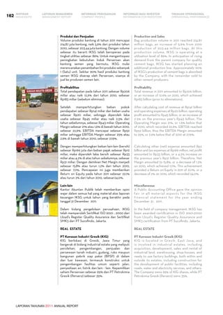 LAPORAN TAHUNAN 2011 ANNUAL REPORT
LAPORAN MANAJEMEN INFORMASI BAGI INVESTOR TINJAUAN OPERASIONAL
Management Report INFORMATION FOR INVESTORS OPERATIONAL PERFORMANCE162 INFORMASI PERUSAHAANIKHTISAR
COMPANY PROFILEHIGHLIGHTS
Produksi dan Penjualan
Volume produksi kantong di tahun 2011 mencapai
214,87 juta kantong, naik 5,6% dari produksi tahun
2010, sebesar 203,44 juta kantong. Dengan volume
sebesar itu berarti IKSG telah beroperasi pada
tingkat utilitas sebesar 86%. Untuk mengantisipasi
peningkatan kebutuhan Induk Perseroan akan
kantong semen yang bermutu, IKSG mulai
merencanakanpenambahanliniproduksisebanyak
1 (Satu) unit. Sekitar 90% hasil produksi kantong
semen IKSG diserap oleh Perseroan, sisanya di
jual ke produsen semen lain.
Profitabilitas
Total pendapatan pada tahun 2011 sebesar Rp206
miliar atau naik 12,6% dari tahun 2010, sebesar
Rp183 miliar (sebelum eliminasi).
Setelah memperhitungkan beban pokok
pendapatan sebesar Rp141 miliar dan beban usaha
sebesar Rp20 miliar, sehingga diperoleh laba
usaha sebesar Rp45 miliar atau naik 2,5% dari
tahun sebelumnya, sebesar Rp43 miliar. Operating
Margin sebesar 21% atau 1,6% di bawah tahun 2010,
sebesar 22,6%. EBITDA mencapai sebesar Rp52
miliar sehingga EBITDA Margin sebesar 25% atau
2,9% di bawah tahun 2010, sebesar 27,9%.
Dengan memperhitungkan beban lain-lain (bersih)
sebesar Rp169 juta dan beban pajak sebesar Rp12
miliar, maka diperoleh laba bersih sebesar Rp33
miliar atau 4,2% di atas tahun sebelumnya, sebesar
Rp31 miliar. Dengan demikian Net Margin menjadi
sebesar 15,8% atau turun 1,2% dari tahun 2010,
sebesar 17,1%. Pencapaian ini juga memberikan
Return on Equity pada tahun 2011 sebesar 22,1%
atau turun 2% dari tahun 2010, sebesar24,0%.
Lain-lain
Kantor Akuntan Publik telah memberikan opini
wajar dalam semua hal yang material atas laporan
keuangan IKSG untuk tahun yang berakhir pada
tanggal 31 Desember 2011.
Dalam bidang pengelolaan perusahaan, IKSG
telah memperoleh Sertifikat ISO 9001 : 2000 dari
LIoyd’s Register Quality Assurance dan Sertifikat
SMK3 dari PT Sucofindo, Jakarta.
Real Estate
PT Kawasan Industri Gresik (KIG)
KIG berlokasi di Gresik, Jawa Timur yang
bergerak di bidang industrial estate yang meliputi
perolehan, pengembangan, penjualan dan
persewaan tanah industri, gudang, ruko maupun
bangunan pabrik siap pakai (BPSP) di dalam
dan luar kawasan, termasuk konstruksi untuk
pengembangan fasilitas umum seperti jalan,
penyediaan air, listrik dan lain - lain. Kepemilikan
saham Perseroan sebesar 65% dan PT Petrokimia
Gresik (Persero) sebesar 35%.
Production and Sales
Bag production volume in 2011 reached 214.87
million bags, an increase of 5.6% from 2010
production of 203.44 million bags. At this
production volume, IKSG is operating at a
utilization level of 86%. In anticipation of rising
demand from the parent company for quality
cement bags, IKSG has started planning an
additional production line. Approximately 90%
of IKSG’s production of cement bags is absorbed
by the Company, with the remainder sold to
other cement producers.
Profitability
Total revenue in 2011 amounted to Rp206 billion,
or an increase of 12.6% on 2010, which achieved
Rp183 billion (prior to eliminations).
After calculating cost of revenue at Rp141 billion
and operating expenses at Rp20 billion, operating
profit amounted to Rp45 billion, or an increase of
2.5% on the previous year’s Rp43 billion. The
Operating Margin was 21%, or 1.6% below that
of 2010, which recorded 22.6%. EBITDA reached
Rp52 billion, thus the EBITDA Margin amounted
to 25%, or 2.9% below that of 2010 at 27.9%.
Calculating other (net) expense amounted Rp2
billion and tax expenses at Rp169 million, net profit
amounted to Rp33 billion, or a 4.2% increase on
the previous year’s Rp31 billion. Therefore, Net
Margin amounted to 15.8%, or a decrease of 1.2%
on 2010, which achieved 17.1%. This achievement
provided a Return on Equity in 2011 of 22.1%, or a
decrease of 2% on 2010, which recorded 24.0%.
Miscellaneous
A Public Accounting Office gave the opinion
fair in all material aspects for the IKSG
financial statement for the year ending
December 31, 2011.
In the field of company management, IKSG has
been awarded certification in ISO 9001:2000
from Lloyd’s Register Quality Assurance and
SMK3 certification from PT Sucofindo, Jakarta.
Real Estate
PT Kawasan Industri Gresik (KIG)
KIG is located in Gresik, East Java, and
is involved in industrial estates, including
acquisition, development, sales and rental of
industrial land, warehousing, shop-houses, and
ready to use factory buildings, both within and
outside its estates, including construction for
the development of public facilities, including
roads, water and electricity services, and others.
The Company owns 65% of KIG shares, while PT
Petrokimia Gresik (Persero) owns 35%.
 