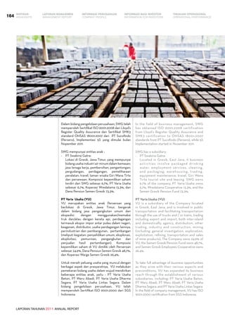 LAPORAN TAHUNAN 2011 ANNUAL REPORT
LAPORAN MANAJEMEN INFORMASI BAGI INVESTOR TINJAUAN OPERASIONAL
Management Report INFORMATION FOR INVESTORS OPERATIONAL PERFORMANCE164 INFORMASI PERUSAHAANIKHTISAR
COMPANY PROFILEHIGHLIGHTS
Dalam bidang pengelolaan perusahaan, SWG telah
memperoleh Sertifikat ISO 9001:2008 dari Lloyd’s
Register Quality Assurance dan Sertifikat SMK3
standard OHSAS 18001:2007 dari PT Sucofindo
(Persero), Implementasi 5S yang dimulai bulan
Nopember 2011.
SWG mempunyai entitas anak :
-	 PT Swabina Gatra:
	 Lokasi di Gresik, Jawa Timur, yang mempunyai
bidangusahaindustriairminumdalamkemasan;
jasa tenaga kerja, pembersihan, pengantongan;
pergudangan, perdagangan, pemeliharaan
peralatan; travel, taman wisata Giri Wana Tirta
dan persewaan. Komposisi kepemilikan saham
terdiri dari SWG sebesar 6,7%, PT Varia Usaha
sebesar 6,7%, Koperasi Wredatama 13,3%, dan
Dana Pensiun Semen Gresik 73,3%.
PT Varia Usaha (VU)
VU merupakan entitas anak Perseroan yang
berlokasi di Gresik, Jawa Timur, bergerak
dalam bidang jasa pengangkutan umum dan
ekspedisi dengan menggunakan/memakai
truk dan/atau dengan kereta api, perdagangan
termasuk ekspor impor antar pulau dalam negeri,
keagenan, distributor, usaha perdagangan lainnya,
perindustrian dan pembangunan, pertambangan
(meliputi kegiatan: penyelidikan umum, eksplorasi,
eksploitasi, pemurnian, pengangkutan dan
penjualan hasil pertambangan). Komposisi
kepemilikan saham di VU dimiliki oleh Perseroan
sebesar 24,9%, Dana Pensiun Semen Gresik 48,7%,
dan Koperasi Warga Semen Gresik 26,4%.
Untuk meraih peluang usaha yang muncul dengan
berbagai aspek dan prasyaratnya, VU melakukan
pemekaran bidang usaha dalam wujud mendirikan
beberapa entitas anak, yaitu : PT Varia Usaha
Beton, PT Waru Abadi, PT Varia Usaha Dharma
Segara, PT Varia Usaha Lintas Segara. Dalam
bidang pengelolaan perusahaan, VU telah
memperoleh Sertifikat ISO 9001:2000 dari SGS
Indonesia.
In the field of business management, SWG
has obtained ISO 9001:2008 certification
from Lloyd’s Register Quality Assurance and
SMK3 certification to OHSAS 18001:2007
standards from PT Sucofindo (Persero), while 5S
Implementation started in November 2011.
SWG has a subsidiary:
-	 PT Swabina Gatra:
	 Located in Gresik, East Java, it business
activities involve packaged drinking
water; employment services, cleaning,
and packaging; warehousing, trading,
equipment maintenance; travel, Giri Wana
Tirta tourist site and leasing. SWG owns
6.7% of the company, PT Varia Usaha owns
6.7%, Wredatama Cooperative 13.3%, and the
Semen Gresik Pension Fund 73.3%.
PT Varia Usaha (VU)
VU is a subsidiary of the Company located
in Gresik, East Java, and is involved in public
transportation and facilitating transportation
through the use of trucks and / or trains, trading
including export and import, both inter-island
and domestically, agency, distribution, other
trading, industry and construction, mining
(including: general investigation, exploration,
exploitation, refining, transportation and sales
of mine products). The Company owns 24.9% of
VU, the Semen Gresik Pension Fund owns 48.7%,
and Semen Gresik Employees Cooperative owns
26.4%.
To take full advantage of business opportunities
as they arise with their various aspects and
preconditions, VU has expanded its business
reach through the establishment of various
subsidiaries, including: PT Varia Usaha Beton,
PT Waru Abadi, PT Waru Abadi, PT Varia Usaha
Dharma Segara, and PT Varia Usaha Lintas Segara.
In the field of company management, VU has ISO
9001:2000 certification from SGS Indonesia.
 