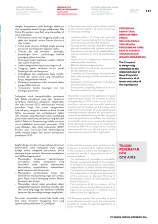 177
PEMBAHASAN DAN
ANALISIS MANAJEMEN
LAPORAN TATA
KELOLA PERUSAHAAN
LAPORAN TANGGUNG JAWAB
SOSIAL PERUSAHAAN LAIN-LAIN
MANAGEMENT’S DISCUSSION
AND ANALYSIS
CORPORATE
GOVERNANCE REPORT
CORPORATE SOCIAL
RESPONSIBILITY REPORT
OTHERS
PT SEMEN GRESIK (PERSERO) Tbk.
Perseroan
senantiasa
berkomitmen
penuh
melaksanakan
Tata Kelola
Perusahaan yang
Baik di seluruh
tingkatan dan
jenjang organisasi
The Company
is always fully
committed to the
implementation of
Good Corporate
Governance at all
levels and ranks of
the organization
dengan berpedoman pada berbagai ketentuan
dan persyaratan terkait dengan pelaksanaan Tata
Kelola Perusahaan yang Baik yang diwujudkan di
antaranya dalam:
•	 Pelaksanaan peran dan tanggung jawab yang
jelas dan terpisah antara Dewan Komisaris
dan Direksi;
•	 Fokus pada rencana strategis jangka panjang
perseroan dan Kepatutan kegiatan usaha;
•	 Terbuka dan adil terhadap   pemangku
kepentingan serta perlindungan hak-hak
pemegang saham minoritas;
•	 Penerapan fungsi kepatuhan, auditor internal
dan auditor eksternal;
•	 Sistem pengambilan keputusan yang efektif;
•	 Tanggung jawab terhadap isu-isu sosial,
lingkungan dan pembangunan;
•	 Kelengkapan dan pelaksanaan tugas komite-
komite dan satuan kerja yang menjalankan
fungsi pengendalian internal;
•	 Penerapan manajemen risiko, termasuk sistem
pengendalian internal;
•	 Transparansi kondisi keuangan dan non
keuangan perseroan.
Sedangkan untuk mengoptimalkan penerapan
tata Kelola perusahaan yang baik, perseroan
senantiasa melakukan penguatan infrastruktur
dan soft structure GCG, restrukturisasi internal,
perbaikan fungsi dan proses pengendalian
internal yang mengarah kepada praktek terbaik
GCG, penyesuaian dan pembaharuan sistem
dan prosedur yang diperlukan untuk mendukung
pelaksanaan tata kelola perusahaan yang Baik dan
efektif. Selain itu Perseroan juga selalu konsisten
untuk melakukan assessment penerapan GCG
yang dilakukan oleh pihak independen (BPKP
Provinsi Jawa Timur) dan hasil rekomendasinya
selalu menjadi bagian dari proses peningkatan
penerapan GCG.
to the various provisions and conditions related
to the implementation of Good Corporate
Governance, including:
•	 Implementation of clear and separate
roles and responsibilities for the Board of
Commissioners and Board of Directors;
•	 Focusing on the company’s long-term strategic
plan and compliance with business activities;
•	 Transparency and fairness to stakeholders as
well as protection of minority shareholders’
rights;
•	 Application of compliance, internal and
external auditor functions;
•	 Effective decision making system;
•	 Responsibility toward social, environmental
and development issues;
•	 Complete and functioning committees and
work units carrying out their internal control
function;
•	 Application of risk management, including an
internal control system;
•	 Transparency regarding financial and non-
financial conditions in the compan.
Meanwhile, to optimize the application of good
corporate governance, the company is always
strengthening its GCG infrastructure and soft
structure, restructuring internally, improving
internal control functions and processes that
lead to the best practice of GCG, adjusting and
renewing necessary systems and procedures to
support the implementation of effective good
corporate governance. In addition, the Company
consistently carries out assessments regarding
GCG application conducted by an independent
third party (BPKP East Java) and its resulting
recommendations are always a part of the
improvement process for GCG application.
TUJUAN
penerapan
gcg
GCG AIMS
Sejalandenganvisidanmisiperusahaan,Perseroan
berkomitmen untuk menjadikan GCG sebagai
budaya dalam mengelola perusahaan. Untuk
mencapai tujuan tersebut, Perseroan menetapkan
misi GCG sebagai berikut:
•	 Mewujudkan tercapainya kesinambungan
perusahaan melalui pengelolaan yang
didasarkan pada prinsip transparansi,
akuntabilitas, responsibilitas, independensi
serta kewajaran dan kesetaraan;
•	 Mewujudkan pemberdayaan fungsi dan
kemandirian masing-masing organ perusahaan,
yaitu Rapat Umum Pemegang Saham, Dewan
Komisaris, dan Direksi;
•	 Mewujudkan seluruh organ perusahaan dalam
pengambilan keputusan senantiasa dilandasi oleh
nilai moral yang tinggi dan kepatuhan terhadap
peraturan dan perundang-undangan yang berlaku.
Perseroan menerapkan prinsip tata kelola yang
baik untuk menjamin tercapainya hasil yang
optimal dalam penerapan GCG,meliputi:
In line with the company vision and mission, the
Company is committed to making GCG part
of the company’s culture and management. To
achieve this aim, the Company has set the GCG
mission as follows:
•	 The realization of corporate sustainability
through management based on the principles
of transparency, accountability, responsibility,
independence, as well as fairness and equality;
•	 Therealizationoffunctionalempowermentand
the independence of individual instruments
of the company, i.e. General Meeting of
Shareholders, Board of Commissioners, and
Board of Directors;
•	 The realization of all instruments of the
company always making decisions based on
high moral values and in compliance with
relevant laws and regulations.
The Company applies the principles of good
corporate governance to ensure the achievement
of optimum results through the application of
GCG, including:
 