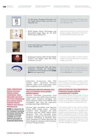 •	 The Best Senior Management IR Support 2011
from Ekonomi Alpha Magazine South East
Asia, September 2011.
•	 State Owned Enterprise Non Financial
Industry Category Ranked Very Good from
Info Bank BUMN Awards, October 2011
•	 10 Best Performing Companies by Forbes
Magazine, December 2011
•	 Indonesia Award SWA 100 Best Wealth
Creators for Asean Best Public Companies
Category June, 2011.
•	 GCG Implementation Assessment by
Financial Supervision and Development
Board (BPKP) East Java Representative
ranking Very Good and score of 90%.
LAPORAN TAHUNAN 2011 ANNUAL REPORT
LAPORAN MANAJEMEN INFORMASI BAGI INVESTOR TINJAUAN OPERASIONAL
Management Report INFORMATION FOR INVESTORS OPERATIONAL PERFORMANCE194 INFORMASI PERUSAHAANIKHTISAR
COMPANY PROFILEHIGHLIGHTS
•	 The Best Senior Management IR Support 2011
dari Majalah Ekonomi Alpha South East Asia,
September 2011.
•	 BUMN Kategori Industri Non-Kuangan yang
Berprediakat Sangat Bagus dari Info Bank
BUMN Awards, Oktober 2011
•	 10 Perusahaan Berkinerja Terbaik Versi Majalah
Forbes, Desember 2011
•	 Penghargaan Indonesia SWA 100 Best Wealth
Creators untuk Kategori Asean Best Public
Companies Juni, 2011
•	 Assessment implementasi GCG oleh Badan
Pengawasan Keuangan dan Pembangunan
Perwakilan Jawa Timur dengan predikat Sangat
Baik dan skor capaian 90%.
Implementasi prinsip-prinsip dasar GCG
tersebut dalam operasional Perseroan
dijelaskan dalam uraian fungsi-fungsi utama
dalam pengelolaan perusahaan berikut.
PENERAPAN PRINSIP-PRINSIP GCG
MELALUI SISTEM MANAJEMEN
SEMEN GRESIK
Perseroan menerapkan prinsip-prinsip Good
Corporate Governance (GCG) secara konsekuen
melalui sistem manajemen terintegrasi yaitu
Sistem Manajemen Semen Gresik (SMSG) untuk
meningkatkan daya saing dan kepercayaan
pemangku kepentingan (stakeholders).
Perseroan telah menerbitkan surat keputusan
tentang SMSG sebagai bentuk komitmen
manajemen dalam menerapkan tata kelola
perusahaan yang baik. SMSG meliputi: Sistem
Manajemen Mutu ISO 9001:2008, Sistem
Manajemen Lingkungan ISO 14001:2004, Sistem
Manajemen Keselamatan & Kesehatan Kerja,
Sistem Manajemen K-3 OHSAS 18001:2007 dan
Sistem Manajemen Laboratorium ISO 17025:2005,
dan Sistem Manajemen Risiko.
SMSG merupakan
wadah seluruh
proses bisnis
Perseroan yang
menjamin seluruh
aktivitas Perseroan
dijalankan sesuai
dengan prinsip-
prinsip Tata Kelola
Perusahaan
SGMS is a forum for all
the Company’s business
processes ensuring the
Company’s business
activities are in line
with the principles of
Corporate Governance
Implementation of the basic principles of GCG
in the Company’s operations is explained in
the main functions in the management of the
following companies.
APPLICATION OF GCG PRINCIPLES
THROUGH SEMEN GRESIK
MANAGEMENT SYSTEM
The Company applies the principles of Good
Corporate Governance (GCG) consistently
through an integrated management system, i.e.
Semen Gresik Management System (SGMS) to
increase competitiveness and stakeholder trust.
The Company has issued a decision letter
regarding SGMS to demonstrate the
management’s commitment to the application
of good corporate governance. SGMS covers:
Quality Management System ISO 9001:2008,
Environmental Management System ISO
14001:2004, Occupational Health and Safety
Management System OHSAS 18001:2007 and
Laboratory Management System ISO 17025:2005,
and a Risk Management System.
 