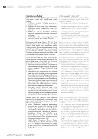LAPORAN TAHUNAN 2011 ANNUAL REPORT
LAPORAN MANAJEMEN INFORMASI BAGI INVESTOR TINJAUAN OPERASIONAL
Management Report INFORMATION FOR INVESTORS OPERATIONAL PERFORMANCE200 INFORMASI PERUSAHAANIKHTISAR
COMPANY PROFILEHIGHLIGHTS
Pelaksanaan Tugas
Unit Kerja Internal Audit bertugas memastikan
pencapaian tujuan dan kelangsungan usaha
dengan:
•	 Melakukan evaluasi terhadap pelaksanaan
program kerja.
•	 Memberikan saran dalam upaya memperbaiki
efektivitas proses pengendalian risiko dan
kontrol.
•	 Melakukan evaluasi kepatuhan terhadap
peraturan, pelaksanaan GCG dan perundang-
undangan.
•	 Memfasilitasi dan mendukung kelancaran
pelaksanaan audit oleh Auditor Eksternal.
Pelaksanaan Audit yang dilakukan oleh Unit Kerja
Internal Audit bertujuan memberikan jasa konsultasi,
evaluasi yang objektif dan independen melalui
analisa,penilaian,rekomendasidalamlingkupinternal
control, tata kelola, pengelolaan risiko, termasuk
penilaian ketaatan terhadap peraturan perundang-
undangan,penangananpengaduanmasyarakat,untuk
meningkatkan efektivitas dan efisiensi Perseroan.
Selain dilakukan oleh Unit Kerja Internal Audit,
Perseroan juga memiliki fungsi pengawasan dan
pengendalian yang melekat pada unit fungsional
(embedded internal control), antara lain:
•	 Pengawasan dan pengendalian yang berkaitan
dengan penggunaan atau realisasi dana sesuai
dengan anggaran (fungsi budgeting) yang
ditetapkan.
•	 Pengawasan dan pengendalian yang melekat
pada unit bisnis termasuk unit-unit pendukung
(embeddedinternalcontrol)yangmengharuskan
unit pelaksana tersebut bertanggung jawab
kepadaDirekturyangmembawahiunitdimaksud.
Fungsiyangdimaksudadalahpreventivecontrol,
yakni memastikan kepatuhan dan pemenuhan
persyaratan yang telah ditetapkan sebelum
suatu kegiatan operasional dilaksanakan.
•	 Penerapan standar akuntansi yang harus
merefleksikan setiap transaksi keuangan dan
perubahan aset serta menjamin bahwa semua
transaksi keuangan tercatat secara akurat sesuai
dengan Standar Akuntansi Keuangan Indonesia.
Selama tahun 2011 aktivitas audit dilakukan
berdasarkan risk based audit yang meliputi Audit
Operasional, Audit Sistem Manajemen dan Audit
Khusus, sebagai berikut:
•	 Audit Operasional, dilakukan pembahasan
atas beberapa isu dan telah dilakukan tindak
lanjut, yang meliputi proses bisnis Penjualan
dan Distribusi, Pengadaan dan Pergudangan,
Produksi dan Capex, Akuntansi & Keuangan
(Analytical Review dan ICoFR), serta
Sistem Informasi dengan dilakukannya Post
Implementation Review atas implementasi ERP
System Application Product (SAP).
•	 Audit Sistem Manajemen Semen Gresik,
meliputi beberapa Sistem Manajemen ISO
9001, ISO 14000, ISO 18000, ISO 17025, SMK3,
Proper, Industri Hijau, dan Pengelolaan Sosial &
Lingkungan Korporasi.
Internal Audit Work Unit
The Internal Audit Work Unit is assigned duties
to ensure the achievement of goals and business
continuity, including:
•	 Evaluating implementation of work programs.
•	 Providing advice related to efforts to improve
the effectiveness of risk control processes.
•	 Evaluating compliance with regulations, GCG
implementation and legislation.
•	 Facilitating and supporting the smooth
implementation of audits conducted by the
External Auditors.
Audits are carried out by the Internal Audit
Work Unit with the aim of providing consultation
services, objective and independent analysis-based
evaluation, assessment, recommendations on internal
controls, governance, risk management - including
assessing compliance with legislation, and handling
public complaints in the interests of improving the
effectiveness and efficiency of the Company.
In addition to the work of the Internal Audit
Work Unit, supervision and control is also an
integral part of the Company’s functional units
(embedded internal control), including:
•	 Defined supervision and control related to use
or realization of budgeted funds (budgeting).
•	 Supervision and control is an integral
part of business units, including ancillary
units (embedded internal control), which
requires the Director heading the unit to be
responsible for it. This fulfills preventative
control requirements, ensuring compliance
with and fulfillment of regulations defined
prior to any operational activity being
carried out.
•	 Application of accountancy standards must
reflect every financial transaction and change
to assets, as well as ensuring that all financial
transactions are recorded accurately in
accordance with the Indonesian Financial
Accounting Standards.
During 2011, audit activities were mainly risk
based audits covering Operational Audit,
Management System Audit and Special Audits,
as follows:
•	 The Operational Audit included discussion
of several issues that have been followed up,
including Sales and Distribution, Provision
and Warehousing, Production and Capex,
Accountancy and Finance (Analytical
Review and ICoFR), as well as Information
Systems with Post-Implementation Review
of the ERP System Application Product
(SAP).
•	 The Semen Gresik Management System Audit,
which included several Management Systems
ISO 9001, ISO 14000, ISO 18000, ISO 17025,
SMK3, “Proper”, Green Industry, and Social &
Corporate Environment Management.
 