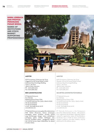 LAPORAN TAHUNAN 2011 ANNUAL REPORT
LAPORAN MANAJEMEN INFORMASI BAGI INVESTOR TINJAUAN OPERASIONAL
Management Report INFORMATION FOR INVESTORS OPERATIONAL PERFORMANCE70 INFORMASI PERUSAHAANIKHTISAR
COMPANY PROFILEHIGHLIGHTS
nama lembaga
dan profesi
penunjang
pasar modal
Names of
Institutions
and Stock
Market
Supporting
Professionals
Auditor
KAP Purwantono, Suherman dan Surja
Anggota Ernst & Young Global Limited
Indonesia Stock Exchange Building
Tower 2, 7th Floor
Jakarta 12190, Indonesia
Ph.	: (021) 5289 5000
Fax	: (021) 5289 4100
Biro Adminstrasi Efek
PT Datindo Entrycom
Puri Datindo
Belakang Wisma Diners Club
Jl. Jendral Sudirman Kav. 34-35, Jakarta 10220
Tel. (62-21) 5709009
Fax (62-21) 5709026
e-mail : deone@indosat.net.id
www.datindo.com
PT Datindo Entrycom merupakan Biro Administrasi
Efek Saham Perseroan. Semua pertanyaan
pemegang saham terdaftar tentang hal-hal
yang berhubungan dengan status pendaftaran
pemegang saham, dividen, kehilangan atau
kecurian sertifikasi saham, penggantian alamat,
dan hal-hal lainnya dapat dialamatkan ke alamat
tersebut diatas.
Auditor
KAP Purwantono, Suherman dan Surja
Member of Ernst & Young Global Limited
Indonesia Stock Exchange Building
Tower 2, 7th Floor
Jakarta 12190, Indonesia
Ph.	: (021) 5289 5000
Fax	: (021) 5289 4100
SECURITIES ADMINISTRATION BUREAU
PT Datindo Entrycom
Puri Datindo
Belakang Wisma Diners Club
Jl. Jendral Sudirman Kav. 34-35, Jakarta 10220
Tel. (62-21) 5709009
Fax (62-21) 5709026
e-mail : deone@indosat.net.id
www.datindo.com
PT Datindo Entrycom is the Company’s
Securities Administration Bureau. All questions
from registered shareholders regarding matters
related to registration status of shareholders,
dividends, loss or theft of share certificates,
change in address, and other matters, may be
addressed to the address above.
 