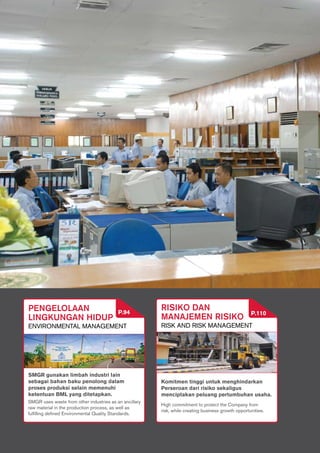 Pengelolaan
Lingkungan Hidup
Environmental Management
SMGR uses waste from other industries as an ancillary
raw material in the production process, as well as
fulfilling defined Environmental Quality Standards.
SMGR gunakan limbah industri lain
sebagai bahan baku penolong dalam
proses produksi selain memenuhi
ketentuan BML yang ditetapkan.
P.94
Risiko dan
Manajemen Risiko
Risk and Risk Management
High commitment to protect the Company from
risk, while creating business growth opportunities.
Komitmen tinggi untuk menghindarkan
Perseroan dari risiko sekaligus
menciptakan peluang pertumbuhan usaha.
P.110
 