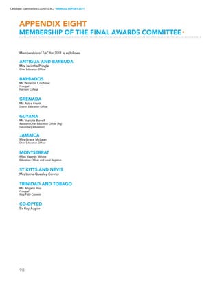 98
Caribbean Examinations Council (CXC) ▸ANNUAL REPORT 2011
Membership of FAC for 2011 is as follows:
ANTIGUA AND BARBUDA
Mrs Jacintha Pringle
Chief Education Officer
BARBADOS
Mr Winston Crichlow
Principal
Harrison College
GRENADA
Ms Astra Frank
District Education Officer
GUYANA
Ms Melcita Bovell
Assistant Chief Education Officer (Ag)
(Secondary Education)
JAMAICA
Mrs Grace McLean
Chief Education Officer
MONTSERRAT
Miss Yasmin White
Education Officer and Local Registrar
ST KITTS AND NEVIS
Mrs Lorna-Queeley-Connor
TRINIDAD AND TOBAGO
Ms Angela Iloo
Principal
Holy Faith Convent
Co-opted
Sir Roy Augier
APPENDIX eight
MEMBERSHIP OF THE FINAL AWARDS COMMITTEE▸
 