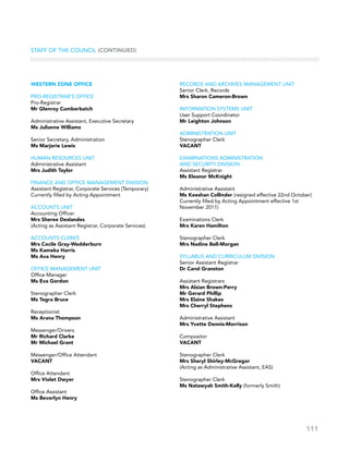 111
Staff of the Council (CONTINUED)
WESTERN ZONE OFFICE
PRO-REGISTRAR’S OFFICE
Pro-Registrar
Mr Glenroy Cumberbatch
Administrative Assistant, Executive Secretary
Ms Julianne Williams
Senior Secretary, Administration
Ms Marjorie Lewis
HUMAN RESOURCES UNIT
Administrative Assistant
Mrs Judith Taylor
FINANCE AND OFFICE MANAGEMENT DIVISION
Assistant Registrar, Corporate Services (Temporary)
Currently filled by Acting Appointment
ACCOUNTS UNIT
Accounting Officer
Mrs Sheree Deslandes
(Acting as Assistant Registrar, Corporate Services)
Accounts Clerks
Mrs Cecile Gray-Wedderburn
Ms Kameka Harris
Ms Ava Henry
OFFICE MANAGEMENT UNIT
Office Manager
Ms Eva Gordon
Stenographer Clerk
Ms Tegra Bruce
Receptionist
Ms Arana Thompson
Messenger/Drivers
Mr Richard Clarke
Mr Michael Grant
Messenger/Office Attendant
VACANT
Office Attendant
Mrs Violet Dwyer
Office Assistant
Ms Beverlyn Henry
RECORDS AND ARCHIVES MANAGEMENT UNIT
Senior Clerk, Records
Mrs Sharon Cameron-Brown
INFORMATION SYSTEMS UNIT
User Support Coordinator
Mr Leighton Johnson
ADMINISTRATION UNIT
Stenographer Clerk
VACANT
EXAMINATIONS ADMINISTRATION
AND SECURITY DIVISION
Assistant Registrar
Ms Eleanor McKnight
Administrative Assistant
Ms Keeshan Collinder (resigned effective 22nd October)
Currently filled by Acting Appointment effective 1st
November 2011)
Examinations Clerk
Mrs Karen Hamilton
Stenographer Clerk
Mrs Nadine Bell-Morgan
SYLLABUS AND CURRICULUM DIVISION
Senior Assistant Registrar
Dr Carol Granston
Assistant Registrars
Mrs Alsian Brown-Perry
Mr Gerard Phillip
Mrs Elaine Shakes
Mrs Cherryl Stephens
Administrative Assistant
Mrs Yvette Dennis-Morrison
Compositor
VACANT
Stenographer Clerk
Mrs Sheryl Shirley-McGregor
(Acting as Administrative Assistant, EAS)
Stenographer Clerk
Ms Natawyah Smith-Kelly (formerly Smith)
 
