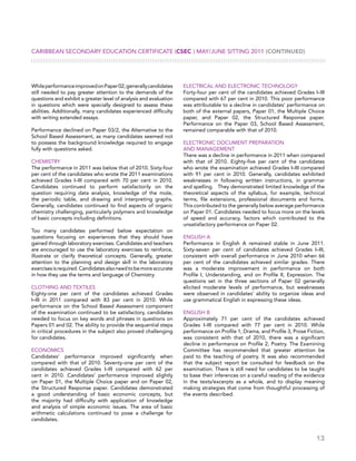 13
WhileperformanceimprovedonPaper02,generallycandidates
still needed to pay greater attention to the demands of the
questions and exhibit a greater level of analysis and evaluation
in questions which were specially designed to assess these
abilities. Additionally, many candidates experienced difficulty
with writing extended essays.
Performance declined on Paper 03/2, the Alternative to the
School Based Assessment, as many candidates seemed not
to possess the background knowledge required to engage
fully with questions asked.
CHEMISTRY
The performance in 2011 was below that of 2010. Sixty-four
per cent of the candidates who wrote the 2011 examinations
achieved Grades I–III compared with 70 per cent in 2010.
Candidates continued to perform satisfactorily on the
question requiring data analysis, knowledge of the mole,
the periodic table, and drawing and interpreting graphs.
Generally, candidates continued to find aspects of organic
chemistry challenging, particularly polymers and knowledge
of basic concepts including definitions.
Too many candidates performed below expectation on
questions focusing on experiences that they should have
gained through laboratory exercises. Candidates and teachers
are encouraged to use the laboratory exercises to reinforce,
illustrate or clarify theoretical concepts. Generally, greater
attention to the planning and design skill in the laboratory
exercisesisrequired.Candidatesalsoneedtobemoreaccurate
in how they use the terms and language of Chemistry.
CLOTHING AND TEXTILES
Eighty-one per cent of the candidates achieved Grades
I–III in 2011 compared with 83 per cent in 2010. While
performance on the School Based Assessment component
of the examination continued to be satisfactory, candidates
needed to focus on key words and phrases in questions on
Papers 01 and 02. The ability to provide the sequential steps
in critical procedures in the subject also proved challenging
for candidates.
ECONOMICS
Candidates’ performance improved significantly when
compared with that of 2010. Seventy-one per cent of the
candidates achieved Grades I–III compared with 62 per
cent in 2010. Candidates’ performance improved slightly
on Paper 01, the Multiple Choice paper and on Paper 02,
the Structured Response paper. Candidates demonstrated
a good understanding of basic  economic concepts, but
the majority had difficulty with application of knowledge
and analysis of simple economic issues. The area of basic
arithmetic calculations continued to pose a challenge for
candidates.
ELECTRICAL AND ELECTRONIC TECHNOLOGY
Forty-four per cent of the candidates achieved Grades I–III
compared with 67 per cent in 2010. This poor performance
was attributable to a decline in candidates’ performance on
both of the external papers, Paper 01, the Multiple Choice
paper, and Paper 02, the Structured Response paper.
Performance on the Paper 03, School Based Assessment,
remained comparable with that of 2010.
ELECTRONIC DOCUMENT PREPARATION
AND MANAGEMENT
There was a decline in performance in 2011 when compared
with that of 2010. Eighty-five per cent of the candidates
who wrote the examination achieved Grades I–III compared
with 91 per cent in 2010. Generally, candidates exhibited
weaknesses in following written instructions, in grammar
and spelling. They demonstrated limited knowledge of the
theoretical aspects of the syllabus, for example, technical
terms, file extensions, professional documents and forms.
This contributed to the generally below average performance
on Paper 01. Candidates needed to focus more on the levels
of speed and accuracy, factors which contributed to the
unsatisfactory performance on Paper 02.
ENGLISH A
Performance in English A remained stable in June 2011.
Sixty-seven per cent of candidates achieved Grades I–III,
consistent with overall performance in June 2010 when 66
per cent of the candidates achieved similar grades. There
was a moderate improvement in performance on both
Profile I, Understanding, and on Profile II, Expression. The
questions set in the three sections of Paper 02 generally
elicited moderate levels of performance, but weaknesses
were observed in candidates’ ability to organize ideas and
use grammatical English in expressing these ideas.
ENGLISH B
Approximately 71 per cent of the candidates achieved
Grades I–III compared with 77 per cent in 2010. While
performance on Profile 1, Drama, and Profile 3, Prose Fiction,
was consistent with that of 2010, there was a significant
decline in performance on Profile 2, Poetry. The Examining
Committee has recommended that greater attention be
paid to the teaching of poetry. It was also recommended
that the subject report be consulted for feedback on the
examination. There is still need for candidates to be taught
to base their inferences on a careful reading of the evidence
in the texts/excerpts as a whole, and to display meaning
making strategies that come from thoughtful processing of
the events described.
Caribbean Secondary Education Certificate (CSEC®) May/June Sitting 2011 (CONTINUED)
 