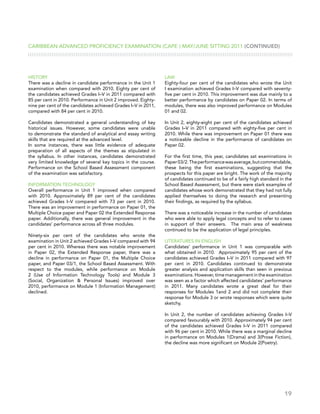 19
History
There was a decline in candidate performance in the Unit 1
examination when compared with 2010. Eighty per cent of
the candidates achieved Grades I–V in 2011 compared with
85 per cent in 2010. Performance in Unit 2 improved. Eighty-
nine per cent of the candidates achieved Grades I–V in 2011,
compared with 84 per cent in 2010.
Candidates demonstrated a general understanding of key
historical issues. However, some candidates were unable
to demonstrate the standard of analytical and essay writing
skills that are required at the advanced level.
In some instances, there was little evidence of adequate
preparation of all aspects of the themes as stipulated in
the syllabus. In other instances, candidates demonstrated
very limited knowledge of several key topics in the course.
Performance on the School Based Assessment component
of the examination was satisfactory.
Information Technology
Overall performance in Unit 1 improved when compared
with 2010. Approximately 89 per cent of the candidates
achieved Grades I–V compared with 73 per cent in 2010.
There was an improvement in performance on Paper 01, the
Multiple Choice paper and Paper 02 the Extended Response
paper. Additionally, there was general improvement in the
candidates’ performance across all three modules.
Ninety-six per cent of the candidates who wrote the
examination in Unit 2 achieved Grades I–V compared with 94
per cent in 2010. Whereas there was notable improvement
in Paper 02, the Extended Response paper, there was a
decline in performance on Paper 01, the Multiple Choice
paper, and Paper 03/1, the School Based Assessment. With
respect to the modules, while performance on Module
2 (Use of Information Technology Tools) and Module 3
(Social, Organization  Personal Issues) improved over
2010, performance on Module 1 (Information Management)
declined.
Law
Eighty-four per cent of the candidates who wrote the Unit
I examination achieved Grades I–V compared with seventy-
five per cent in 2010. This improvement was due mainly to a
better performance by candidates on Paper 02. In terms of
modules, there was also improved performance on Modules
01 and 02.
In Unit 2, eighty-eight per cent of the candidates achieved
Grades I–V in 2011 compared with eighty-five per cent in
2010. While there was improvement on Paper 01 there was
a noticeable decline in the performance of candidates on
Paper 02.
For the first time, this year, candidates sat examinations in
Paper03/2.Theperformancewasaverage,butcommendable,
these being the first examinations, suggesting that the
prospects for this paper are bright. The work of the majority
of candidates continued to be of a fairly high standard in the
School Based Assessment, but there were stark examples of
candidates whose work demonstrated that they had not fully
applied themselves to doing the research and presenting
their findings, as required by the syllabus.
There was a noticeable increase in the number of candidates
who were able to apply legal concepts and to refer to cases
in support of their answers. The main area of weakness
continued to be the application of legal principles.
Literatures in English
Candidates’ performance in Unit 1 was comparable with
what obtained in 2010. Approximately 95 per cent of the
candidates achieved Grades I–V in 2011 compared with 97
per cent in 2010. Candidates continued to demonstrate
greater analysis and application skills than seen in previous
examinations. However, time management in the examination
was seen as a factor which affected candidates’ performance
in 2011. Many candidates wrote a great deal for their
responses for Modules 1and 2 and did not complete their
response for Module 3 or wrote responses which were quite
sketchy.
In Unit 2, the number of candidates achieving Grades I–V
compared favourably with 2010. Approximately 94 per cent
of the candidates achieved Grades I–V in 2011 compared
with 96 per cent in 2010. While there was a marginal decline
in performance on Modules 1(Drama) and 3(Prose Fiction),
the decline was more significant on Module 2(Poetry).
Caribbean Advanced Proficiency Examination (CAPE®) May/June Sitting 2011 (CONTINUED)
 
