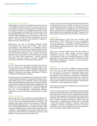 20
Caribbean Examinations Council (CXC) ▸ANNUAL REPORT 2011
Management of Business
Eighty-eight per cent of the candidates who wrote the Unit
1 examination achieved Grades I–V compared with 81 per
cent in 2010. There was an improvement in the performance
of candidates on Paper 01, the Multiple Choice paper, Paper
02, the Essay paper and Paper 032, the Alternative to the
School Based Assessment. The performance on Paper 031,
the School Based Assessment, was consistent with that of
previous years. Overall improved performance was also
noted in the three modules, but particularly in Module 3,
Business Finance and Accounting.
Ninety-seven per cent of candidates achieved Grades
I–V compared with 95 per cent in 2010. There was an
improvement in the performance of candidates on Paper
01, the Multiple Choice paper and especially Paper 02, the
Essay paper. Performance on Paper 032, the Alternative to
the School Based Assessment, was consistent with 2010.
However, there was a decline in the performance on Paper
031, the School Based Assessment. Overall improved
performance was also noted in the three modules, but
particularly in Module 3, Small Business Management.
Physics
In Unit 1, there was an improvement in performance. Ninety-
four per cent of the candidates achieved Grades I–V as
compared with 91 per cent in 2010. Candidates’ performance
improved across all three modules: Module 1 (Mechanics),
Module 2 (Oscillations and Waves) and Module 3 (Thermal
and Mechanical Properties of matter).
Ninety-two per cent of candidates who wrote the examination
in Unit 2 achieved Grades I–V compared with 94 per cent in
2010. While performance on Module 3 (Atomic and Nuclear
Physics) showed significant improvement, there was a decline
in performance on Module 1 (Electricity and Magnetism) and
Module 2 (A C Theory and Electronics). The following areas
continue to prove challenging for candidates: Newton’s
First Law of Thermodynamics, differentiating between
temperature and thermal energy and the physics of nuclear
fission.
Pure Mathematics
Sixty-six per cent of the candidates achieved Grades I–V in
Unit 1 of the 2011 examination compared with 62 per cent
in 2010. There was improved performance on Paper 01, the
Multiple Choice paper, while there was a decline in Paper 02,
the Extended Response paper. The performance on Paper
031, the Internal Assessment was consistent with 2010. With
respect to the Modules, there was an improved performance
on Module 1 (Basic Algebra and Functions), while there was
a decline in the performance on Module 2 (Calculus 1) and
Module 3 (Trigonometry and Plane Geometry).
Caribbean Advanced Proficiency Examination (CAPE®) May/June Sitting 2011 (CONTINUED)
In Unit 2, 81 per cent of the candidates achieved Grades I–V
compared with 76 per cent in 2010. As with Unit 1, there was
an improved performance on Paper 01, the Multiple Choice
paper. The performance on Module 2 (Counting, Matrices
and Complex Numbers) and Module 3(Sequences, Series and
Approximations) was comparable with 2010. However, there
was a decline in the performance on Module 1 (Calculus 2).
Sociology
Overall performance in both Units was consistent with
performance in 2010. Eighty-nine per cent of candidates
who wrote the Unit 1 examination achieved Grades I–V
compared with 88 per cent in 2010. In Unit 2, 96 per cent of
the candidates achieved Grades I–V in 2011 compared with
97 per cent in 2010.
There was a general improvement with the quality of
performance at the higher grades. However, several
candidates continued to face challenges in the analysis
and evaluation of the main sociological theories and their
application to the Caribbean context. Performance on the
School-Based Assessment component of the examination
was generally satisfactory.
Spanish
Ninety-two per cent of the candidates achieved Grades
I–V in Unit 1 in the 2011 examination compared with 93
per cent in 2010. In the external assessment papers, there
was noticeable improvement in candidates’ performance
on Paper 02, which assessed the reading and writing skills.
Performance remained comparable with that of 2010 on
Paper 03, which assessed the literary skills and on Paper 04,
the oral paper. However, there was a decline in performance
on Paper 01, which assessed the aural skills.
Performance across the three Modules was comparable with
what obtained in 2010.
In Unit 2, ninety-six per cent of candidates achieved Grades
I–V, the same as in 2010. There was comparable performance
with that of 2010 on Paper 01, which assessed the aural skills,
Paper 03, which assessed the literary skills and Paper 04, the
oral paper. Paper 02, which assessed the reading and writing
skills, showed improved performance. While there was
improvement in candidates’ level of performance in Module
1, there was a decline in Module 3. However, performance
in Module 2 showed comparability with that of last year.
Candidates’ main areas of weakness were listening skills in
Unit 1 and literary analytical skills in both Units.
 