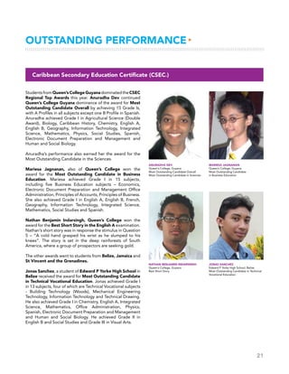 21
StudentsfromQueen’s College GuyanadominatedtheCSEC
Regional Top Awards this year. Anuradha Dev continued
Queen’s College Guyana dominance of the award for Most
Outstanding Candidate Overall by achieving 15 Grade Is,
with A Profiles in all subjects except one B Profile in Spanish.
Anuradha achieved Grade I in Agricultural Science (Double
Award), Biology, Caribbean History, Chemistry, English A,
English B, Geography, Information Technology, Integrated
Science, Mathematics, Physics, Social Studies, Spanish,
Electronic Document Preparation and Management and
Human and Social Biology.
Anuradha’s performance also earned her the award for the
Most Outstanding Candidate in the Sciences.
Mariesa Jagnanan, also of Queen’s College won the
award for the Most Outstanding Candidate in Business
Education. Mariesa achieved Grade I in 15 subjects,
including five Business Education subjects – Economics,
Electronic Document Preparation and Management Office
Administration, Principles of Accounts, Principles of Business.
She also achieved Grade I in English A, English B, French,
Geography, Information Technology, Integrated Science,
Mathematics, Social Studies and Spanish.
Nathan Benjamin Indarsingh, Queen’s College won the
award for the Best Short Story in the English A examination.
Nathan’s short story was in response the stimulus in Question
5 – “A cold hand grasped his wrist as he slumped to his
knees”. The story is set in the deep rainforests of South
America, where a group of prospectors are seeking gold.
The other awards went to students from Belize, Jamaica and
St Vincent and the Grenadines.
Jonas Sanchez, a student of Edward P Yorke High School in
Belize received the award for Most Outstanding Candidate
in Technical Vocational Education. Jonas achieved Grade I
in 13 subjects, four of which are Technical Vocational subjects
- Building Technology (Woods), Mechanical Engineering
Technology, Information Technology and Technical Drawing.
He also achieved Grade I in Chemistry, English A, Integrated
Science, Mathematics, Office Administration, Physics,
Spanish, Electronic Document Preparation and Management
and Human and Social Biology. He achieved Grade II in
English B and Social Studies and Grade III in Visual Arts.
Outstanding Performance▸
Caribbean Secondary Education Certificate (CSEC®)
Nathan Benjamin Indarsingh
Queen’s College, Guyana
Best Short Story
Jonas Sanchez
Edward P Yorke High School, Belize
Most Outstanding Candidate in Technical
Vocational Education
Anuradha Dev
Queen’s College, Guyana
Most Outstanding Candidate Overall
Most Outstanding Candidate in Sciences
Mariesa Jagnanan
Queen’s College, Guyana
Most Outstanding Candidate
in Business Education
 