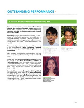 23
Samantha Khan
St Augustine Girls’ High School
Trinidad and Tobago
Most Outstanding Candidate
in Modern Languages
Kerry Singh
Presentation College, San Fernando,
Trinidad and Tobago
Most Outstanding Candidate Overall
Most Outstanding Candidate
in Natural Sciences
Most Outstanding Candidate
in Mathematics
Shastri Ram
Presentation College, Chaguanas
Trinidad and Tobago
Most Outstanding Candidate
in Technical Studies
Outstanding Performance▸
Caribbean Advanced Proficiency Examination (CAPE®)
For the second consecutive year, a student from Presentation
College, San Fernando, Trinidad and Tobago have won the
Dennis Irvine Award, the prize for the Most Outstanding
Candidate Overall in the Caribbean Advanced Proficiency
Examination (CAPE).
Kerry Singh copped the award with Grade I in 12 Units,
all with As in the Module grades. Kerry achieved Grade I in
Applied Mathematics Units 1 and 2, Biology Units 1 and 2,
Caribbean Studies, Chemistry Units 1 and 2, Communication
Studies, Physics Units 1 and 2 and Pure Mathematics Units
1 and 2.
This outstanding performance also earned Kerry awards
in two other categories – Most Outstanding Candidate
in Natural Sciences and Most Outstanding Candidate in
Mathematics.
Kerry follows in the footstep of Nicholas Sammy from the
same school who won the award last year with Grade I in 14
Units.
Shastri Ram of Presentation College, Chaguanas received
the award for the Most Outstanding Candidate in
Technical Studies. Shastri achieved Grade I in eight Units
- Applied Mathematics Units 1 and 2, Caribbean Studies,
Communication Studies, Geometrical Engineering Drawing
Units 1 and 2, Physics Units 1 and 2 and Pure Mathematics
Units 1 and 2.
SamanthaKhan,astudentofStAugustineGirls’HighSchool
was the recipient of the award for the Most Outstanding
Candidate in Modern Languages. Samantha achieved
Grade I in eight Units with all As in the Module grades. She
achieved Grade I in Caribbean Studies, Communication
Studies, French Units 1 and 2, Literatures in English Units 1
and 2 and Spanish Units 1 and 2.
 