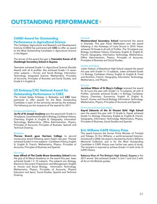 25
CARDI Award for Outstanding
Performance in Agricultural Science
The Caribbean Agricultural and Research and Development
Institute (CARDI) has partnered with CXC to offer an award
to the Most Outstanding Candidate in Agricultural Science
in the Region.
The winner of the award this year is Teemattie Kumar of JC
Chadisingh Secondary School in Guyana.
Teemattie achieved Grade I in Agricultural Science (Double
Award) with all A profiles. She achieved Grade I in seven
other subjects – Human and Social Biology, Information
Technology, Integrated Science, Mathematics, Principles
of Accounts, Principles of Business and Social Studies, and
Grade II in English A.
US Embassy/CXC National Award for
Outstanding Performance in CSEC
The United States Embassy in Barbados and CXC have
partnered to offer awards for the Most Outstanding
Candidate in each of the territories served by the embassy.
The following are the recipients of the awards for 2011:
Antigua and Barbuda
Jia He of St Joseph Academy won the award with Grade I in
14subjects.JiaachievedGradeIinBiology,CaribbeanHistory,
Chemistry, English A, English B, Geography, Information
Technology, Mathematics, Office Administration, Physics,
Principles of Accounts, Principles of Business, Spanish and
Technical Drawing.
Barbados
Therese Branch gave Harrison College its second
consecutive award following Jason Gaskin last year. Therese
achieved Grade I in nine subjects – Caribbean History, English
A, English B, French, Mathematics, Physics, Principles of
Accounts, Principles of Business and Spanish.
Dominica
Isaac Alfred of The Castle Bruce Secondary School broke
the grip of St Mary’s Academy on the award this year. Isaac
achieved Grade I in 10 subjects. The subjects are; Biology,
Electronic Document Preparation and Management, English
A, Human and Social Biology, Information Technology,
Mathematics, Physics, Principles of Accounts, Physical
Education and Sport, Social Studies, Spanish and Technical
Drawing.
Grenada
Westmoreland Secondary School maintained the award
in Grenada. This year Pavan Mahbubani won the award
following in the footsteps of Carla Stroud in 2010. Pavan
achieved 14 Grade Is all with A Profiles. The 14 subjects are;
Biology, Caribbean History, Chemistry, English A, English B,
French, Geography, Information Technology, Mathematics,
Office Administration, Physics, Principles of Accounts,
Principles of Business and Social Studies,
St Kitts and Nevis
Julear Hobson of Basseterre High School copped the award
this year with Grade I in 13 subjects. Julear achieved Grade
I in Biology, Caribbean History, English A, English B, Food
and Nutrition, French, Geography, Information Technology,
Mathematics, and Physics.
St Lucia
Jarnickae Wilson of St Mary’s College received the award
for St Lucia this year with Grade I in 13 subjects, all with A
Profiles. Jamickae achieved Grade I in Biology, Caribbean
History, Chemistry, Economics, English A, English B,
French, Human and Social Biology, Information Technology,
Mathematics, Physics, Principles of Accounts and Spanish.
St Vincent and the Grenadines
Kayrel Edwards of the St Vincent Girls’ High School
won the award this year with 12 Grade Is. Kayrel achieved
Grade I in Biology, Chemistry, English A, English B, French,
Geography, Information Technology, Mathematics, Physics,
Principles of Business, Social Studies and Spanish.
Eric Williams CAPE History Prize
This award honours the former Prime Minister of Trinidad
and Tobago, Dr Eric Williams, a world-renowned historian.
Introduced in 2008, the award is donated by the Eric Williams
Memorial Collection and is for the Most Outstanding
Candidate in CAPE History over his/her two years of study.
The recipient is required to achieve Grade I in both Units of
CAPE History.
 
Rebecca Khan of The Bishop’s High School, Guyana is the
2011 winner. She achieved Grade I in Unit 1 and Unit 2 with
all As on the Module grades.
Outstanding Performance▸
 