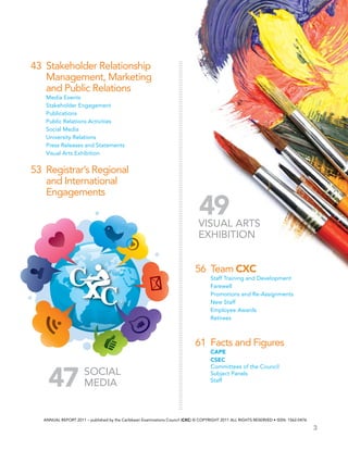 3
Annual Report 2011 – published by the Caribbean Examinations Council (CXC) © COPYRIGHT 2011 ALL RIGHTS RESERVED • ISSN: 1562-0476
43	 Stakeholder Relationship
	 Management, Marketing
	 and Public Relations
	 Media Events
	 Stakeholder Engagement
	 Publications
	 Public Relations Activities
	 Social Media
	 University Relations
	 Press Releases and Statements
	 Visual Arts Exhibition
53	 Registrar’s Regional
	 and International
	 Engagements
56	 Team CXC
	 Staff Training and Development
	 Farewell
	 Promotions and Re-Assignments
	 New Staff
	 Employee Awards
	 Retirees
61	 Facts and Figures
	 CAPE
	 CSEC
	 Committees of the Council
	 Subject Panels
	 Staff
47
49
social
media
Visual Arts
Exhibition
 