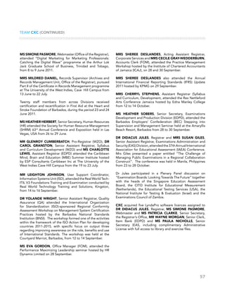 57
TEAM CXC (CONTINUED)
Ms Simone Pasmore, Webmaster (Office of the Registrar),
attended “Digital Marketing for Marketing Professionals:
Catching the Digital Wave” programme at the Arthur Lok
Jack Graduate School of Business, Trinidad and Tobago,
from 8 to 9 June 2011.
Mrs Mildred Daniel, Records Supervisor (Archives and
Records Management Unit, Office of the Registrar), pursued
Part II of the Certificate in Records Management programme
at The University of the West Indies, Cave Hill Campus from
13 June to 22 July.
Twenty staff members from across Divisions received
certification and recertification in First Aid at the Heart and
Stroke Foundation of Barbados, during the period 23 and 24
June 2011.
Ms Heather Herbert, Senior Secretary, Human Resources
(HR) attended the Society for Human Resource Management
(SHRM) 63rd
Annual Conference and Exposition held in Las
Vegas, USA from 26 to 29 June.
Mr Glenroy Cumberbatch, Pro-Registrar (WZO), Dr
Carol Granston, Senior Assistant Registrar, Syllabus
and Curriculum Development (WZO) and Ms Charlotte
Lewis, Assistant Registrar (EDPD) attended the Caribbean
Mind, Brain and Education (MBE) Summer Institute hosted
by ESP Consultants Caribbean Inc at The University of the
West Indies Cave Hill Campus from the 19 to 23 July.
Mr Leighton Johnson, User Support Coordinator,
Information Systems Unit (ISD), attended the Real World Tech-
ITIL V3 Foundations Training and Examination conducted by
Real World Technology Training and Solutions, Kingston,
from 14 to 16 September.
Dr Yolande Wright, Senior Assistant Registrar, Quality
Assurance (QA) attended the International Organization
for Standardization (ISO)-sponsored Regional Conformity
Assessment Workshop on Management System Certification
Practices hosted by the Barbados National Standards
Institution (BNSI). The workshop formed one of the activities
within the framework of the ISO Action Plan for developing
countries 2011-2015, with specific focus on output three
regarding improving awareness on the role, benefits and use
of International Standards. The workshop was held at the
Courtyard Marriot, Barbados, from 12 to 14 September.
Ms Eva Gordon, Office Manager (FOM), attended the
Performance Maximizing Leadership seminar hosted by HR
Dynamix Limited on 28 September.
Mrs Sheree Deslandes, Acting Assistant Registrar,
Corporate Services and Mrs Cecile Gray-Wedderburn,
Accounts Clerk (FOM), attended the Practice Management
Workshop hosted by the Institute of Chartered Accountants
of Jamaica (ICAJ), on 28 and 30 September.
Mrs Sheree Deslandes also attended the Annual
International Financial Reporting Standards (IFRS) Update
2011 hosted by KPMG on 29 September.
Mrs Cherryl Stephens, Assistant Registrar (Syllabus
and Curriculum, Development, attended the Rex Nettleford
Arts Conference Jamaica hosted by Edna Manley College
from 12 to 14 October.
Ms Heather Sobers, Senior Secretary, Examinations
Development and Production Division (EDPD), attended the
Barbados Employers’ Confederation (BEC) Stepping into
Supervision and Management Seminar held at the Amaryllis
Beach Resort, Barbados from 28 to 30 September.
Dr Didacus Jules, Registrar and Mrs Susan Giles,
Senior Assistant Registrar, Examinations Administration and
Security(EAS)Division,attendedthe37thAnnualInternational
Association for Educational Assessment (IAEA) Conference.
Mrs Giles presented a paper entitled “The Challenge of
Managing Public Examinations in a Regional Collaboration
Construct”. The conference was held in Manila, Philippines
from 23 to 28 October.
Dr Jules participated in a Plenary Panel discussion on
“Examination Boards: Looking Towards The Future” together
with the heads of the Singapore Education Assessment
Board, the CITO Institute for Educational Measurement
(Netherlands), the Educational Testing Services (USA), the
National Institute for Testing  Evaluation (Israel) and the
Examinations Council of Zambia.
CXC acquired five LyndaPro software licences assigned to
Dr Didacus Jules, Registrar, Ms Simone Pasmore,
Webmaster and Ms Patricia Clarke, Senior Secretary,
the Registrar’s Office, Mr Wayne Morgan, Senior Clerk,
Item Bank (EDPD) and Ms Paula Nicholls, Senior
Secretary (EAS, including complimentary Administrative
License with full access to library and exercise files.
 