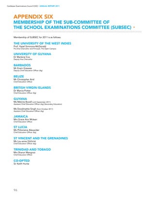 96
Caribbean Examinations Council (CXC) ▸ANNUAL REPORT 2011
APPENDIX six
MEMBERSHIP OF THE SUB-COMMITTEE OF
THE SCHOOL EXAMINATIONS COMMITTEE (SUBSEC) ▸
Membership of SUBSEC for 2011 is as follows:
THE University of the West Indies
Prof. Hazel Simmons-McDonald
Pro-Vice Chancellor and Principal, The Open Campus
University of Guyana
Dr Marlene Cox
Deputy Vice Chancellor
BARBADOS
Mr Erwin Greaves
Deputy Chief Education Officer (Ag)
BELIZE
Mr Christopher Aird
Chief Education Officer
BRITISH VIRGIN ISLANDS
Dr Marcia Potter
Chief Education Officer (Ag)
GUYANA
Ms Melcita Bovell (until September 2011)
Assistant Chief Education Officer (Ag) (Secondary Education)
Ms Doodmattie Singh (from October 2011)
Assistant Chief Education Officer (Ag)
JAMAICA
Mrs Grace Ann Mclean
Chief Education Officer
ST LUCIA
Ms Philomene Alexander
Chief Education Officer (Ag)
ST VINCENT AND THE GRENADINES
Ms Lou-anne Gilchrist
Chief Education Officer (Ag)
TRINIDAD AND TOBAGO
Mrs Sharon Mangroo
Chief Education Officer
CO-OPTED
Sir Keith Hunte
 