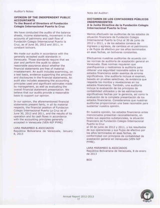 Annual Report 2012-2013
17
Auditor’s Notes:
OPINION OF THE INDEPENDENT PUBLIC
ACCOUNTANTS
To the Board of Directors of Fundación
Colegio Internacional Puerto la Cruz
We have conducted the audits of the balance
sheets, income statements, movement in the
accounts of patrimony and cash flow of
Fundación Colegio Internacional Puerto la
Cruz, as of June 30, 2012 and 2011, in
constant bolivars.
We made our audits in accordance with the
generally accepted audit standards in
Venezuela. Those standards require that we
plan and perform the audit to obtain
reasonable assurance about whether the
financial statements are free of material
misstatement. An audit includes examining, on
a test basis, evidence supporting the amounts
and disclosures in the financial statements. An
audit also includes assessing the accounting
principles used and significant estimates made
by management, as well as evaluating the
overall financial statement presentation. We
believe that our audits provide a reasonable
basis to support our opinion.
In our opinion, the aforementioned financial
statements present fairly, in all its material
respects, the financial position of Fundacion
Colegio Internacional Puerto La Cruz as of
June 30, 2012 and 2011, and the results of its
operation and its cash flows in accordance
with the accounting principles generally
accepted in Venezuela (VEN-NIF PYME)
LARA MARAMBIO & ASOCIADOS
República Bolivariana de Venezuela, January
8, 2013
Nota del Auditor:
DICTAMEN DE LOS CONTADORES PÚBLICOS
INDEPENDIENTES
A la Junta Directiva de la Fundación Colegio
Internacional Puerto la Cruz
Hemos efectuado las auditorías de los estados de
situación financiera de Fundación Colegio
Internacional Puerto la Cruz al 30 de junio de
2012 y 2011, y de los estados conexos de
ingresos y egresos, de cambios en el patrimonio
y de flujos de efectivo por los años terminados
en esas fechas, en bolívares constantes.
Efectuamos nuestras auditorías de acuerdo con
las normas de auditoría de aceptación general en
Venezuela. Esas normas requieren que
planifiquemos y realicemos la auditoría para
obtener una seguridad razonable sobre si los
estados financieros están exentos de errores
significativos. Una auditoría incluye el examen,
basado en pruebas selectivas, de evidencia que
respalda los montos y revelaciones en los
estados financieros. También, una auditoría
incluye la evaluación de los principios de
contabilidad utilizados y de las estimaciones
significativas hechas por la gerencia, así como la
evaluación de la completa presentación de los
estados financieros. Consideramos que nuestras
auditorías proporcionan una base razonable para
sustentar nuestra opinión.
En nuestra opinión, los estados financieros antes
mencionados presentan razonablemente, en
todos sus aspectos substanciales, la situación
financiera de Fundación Colegio Internacional
Puerto la Cruz
al 30 de junio de 2012 y 2011, y los resultados
de sus operaciones y sus flujos de efectivo por
los años terminados en esas fechas, de
conformidad con principios de contabilidad de
aceptación general en Venezuela (VEN-NIF
PYME).
LARA MARAMBIO & ASOCIADOS
República Bolivariana de Venezuela, 8 de enero
de 2013
BOD
 