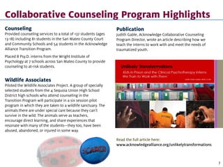 Collaborative Counseling Program Highlights
Counseling
Provided counseling services to a total of 137 students (ages
13-18) including 81 students in the San Mateo County Court
and Community Schools and 54 students in the Acknowledge
Alliance Transition Program.
Placed 8 Psy.D. interns from the Wright Institute of
Psychology at 7 schools across San Mateo County to provide
counseling to at-risk students.
Publication
Judith Gable, Acknowledge Collaborative Counseling
Program Director, wrote an article describing how we
teach the interns to work with and meet the needs of
traumatized youth.
Wildlife Associates
Piloted the Wildlife Associates Project. A group of specially
selected students from the 4 Sequoia Union High School
District high schools who attend counseling in the
Transition Program will participate in a six session pilot
program in which they are taken to a wildlife sanctuary. The
animals there are under special care because they can’t
survive in the wild. The animals serve as teachers,
encourage direct learning, and share experiences that
resonate with many of the students—they too, have been
abused, abandoned, or injured in some way.
Read the full article here:
www.acknowledgealliance.org/unlikelytransformations
7
 