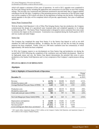 2013 Annual Management’s Discussion and Analysis
(in thousands of CDN dollars, except as otherwise noted)
which will support a minimum of four years of operations. As well in 2013, upgrades were completed to
the East Lake tailings facility including the application and construction of a test dyke on top of the existing
tailings. The test dyke was constructed and settlement monitored to provide better data to support stability
calculations for the full dyke. Completion of the permitting process and construction of the full dyke (stage
one) will be complete in 2014 which will allow for the deposition of tailings into the facility. Following this
annual upgrades to the dyke will be completed which will provide, approximately, four years of additional
operations.
Santoy Water Treatment Plant
With the Seabee Gold Operation’s Life of Mine Plan bringing Santoy Gap into production, the Company
commissioned the design of a specialized water treatment plant and completed upgrades to its tailings
facilities during 2013. The Santoy Water Treatment plant is designed to remove ammonia from mine water
to minimize the impact on the environment. Construction was completed during the fourth quarter of 2013
and was on plan and under budget.
Santoy Gap
The Company has completed the ramp from Santoy 8 to the Santoy Gap deposit as well as two drill
chambers for infill and definition drilling. In addition, the first cross cut into the ore body for mining
purposes has been completed. Finally, work on a 300 metre ventilation raise has commenced, of which
approximately 100 metres has been completed.
In 2014, the Company expects to see development ore from Santoy Gap and production ore during the
second half of 2014 following the completion of the ventilation raise and further development. Based on
its high-grade nature and size, the Santoy Gap deposit demonstrates the potential that exists to grow
production at the Seabee Gold Operation and is a key component of the Company’s capital projects during
2014.
FINANCIAL RESULTS OF OPERATIONS
Highlights
Table 6: Highlights of Financial Results of Operations
December 31 2013 2012 2011
Change
from 2012
to 2013
Revenue $ 63,794 $ 80,808 $ 69,659 (21)%
Divided by ounces sold 44,823 48,672 44,632 (8)%
Average Realized Price per Ounce (CDN$) $ 1,423 $ 1,660 $ 1,561 (14)%
Production costs $ 44,051 $ 48,535 $ 40,542 (9)%
Divided by ounces sold 44,823 48,672 44,632 (8)%
Total cash costs per ounce (CDN$) $ 983 $ 997 $ 908 (2)%
Net Cash Margin per Ounce Sold (CDN$) $ 440 $ 663 $ 653 (33)%
Depreciation and depletion $ 22,949 $ 15,681 $ 11,407
Gross (loss) profit $ (3,206) $ 16,592 $ 17,710
Net (loss) profit * $ (73,423) $ 5,569 $ 9,454
(Loss) earnings per share (basic and diluted) * $ (0.42) $ 0.03 $ 0.06
*
2013 results reflect: impairment charges of $22.2 million on the Company’s Seabee Gold Operation; and impairment charges of
$41.6 million on the Company’s Madsen Property.
Annual Report 2013		 15	
 