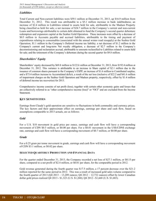 24	 TSX:CRJ | OTCQB:CLGRF			
2013 Annual Management’s Discussion and Analysis
(in thousands of CDN dollars, except as otherwise noted)
Liabilities
Total Current and Non-current liabilities were $59.1 million at December 31, 2013, up $16.9 million from
December 31, 2012. This result was attributable to a $5.1 million increase in bank indebtedness; an
increase of $2.4 million in Liabilities related to assets held for sale, attributable to the Madsen Property
being classified as held for sale; a net increase of $24.7 million in the Company’s current and non-current
Loans and borrowings attributable to certain debt obtained to fund the Company’s second quarter debenture
redemption and expansion capital at the Seabee Gold Operation. These increases were offset by a decrease of
$0.5 million in Accounts payable and accrued liabilities, attributable to the timing and payment of
expenditures relating to consumables (associated with the annual winter road resupply) at the Seabee Gold
Operation; $1.1 million in the Company’s Deferred income tax liability; a net decrease of $1.2 million in the
Company's current and long-term Net royalty obligation; a decrease of $2.7 million in the Company’s
decommissioning and reclamation accrual, attributable to amounts reclassified to Liabilities related to assets held
for sale; and the retirement of the Company’s debenture during the second quarter for $9.8 million.
Shareholders’ Equity
Shareholders’ equity decreased by $69.8 million to $122.6 million at December 31, 2013, from $192.4 million at
December 31, 2012. This variance is attributable to an increase in Share capital of $2.1 million due to the
issuance of common shares pursuant to the Company’s ESPP; an increase of $1.6 million to Contributed surplus;
and a $73.4 million increase to Accumulated deficit, a result of the net loss (inclusive of $22.2 and $41.6 million
of impairment charges on the Seabee Gold Operation and Madsen property, respectively, offset by $1.4 million
of deferred income tax recoveries) for 2013.
Comprehensive income consists of net profit (loss), together with certain other economic gains and losses that
are collectively referred to as “other comprehensive income (loss)” or “OCI” and are excluded from the Income
Statement.
KEY SENSITIVITIES
Earnings from Claude’s gold operation are sensitive to fluctuations in both commodity and currency prices.
The key factors and their approximate effect on earnings, earnings per share and cash flow, based on
assumptions comparable to 2013 actuals, are as follows:
Gold
For a U.S. $10 movement in gold price per ounce, earnings and cash flow will have a corresponding
movement of CDN $0.5 million, or $0.00 per share. For a $0.01 movement in the US$/CDN$ exchange
rate, earnings and cash flow will have a corresponding movement of $0.7 million, or $0.00 per share.
Grade
For a 0.25 gram per tonne movement in grade, earnings and cash flow will have a corresponding movement
of CDN $3.1 million, or $0.02 per share.
SELECTED QUARTERLY PRODUCTION AND FINANCIAL DATA
For the quarter ended December 31, 2013, the Company recorded a net loss of $27.1 million, or $0.15 per
share, compared to a net profit of $2.4 million, or $0.01 per share, for the comparable period in 2012.
Gold revenue generated during the fourth quarter was $17.5 million, a 17 percent decrease over the $21.2
million reported for the same period in 2012. This was a result of increased gold sales volume compared to
the fourth quarter of 2013 (Q4 2013 – 13,209 ounces; Q4 2012 – 12,732 ounces) offset by lower Canadian
dollar gold prices realized Q4 2013 - $1,323 (U.S. $1,260); Q4 2012 - $1,668 (U.S. $1,683).
 