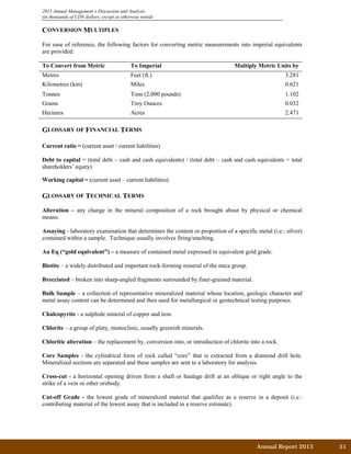 2013 Annual Management’s Discussion and Analysis
(in thousands of CDN dollars, except as otherwise noted)
CONVERSION MULTIPLES
For ease of reference, the following factors for converting metric measurements into imperial equivalents
are provided:
To Convert from Metric To Imperial Multiply Metric Units by
Metres Feet (ft.) 3.281
Kilometres (km) Miles 0.621
Tonnes Tons (2,000 pounds) 1.102
Grams Troy Ounces 0.032
Hectares Acres 2.471
GLOSSARY OF FINANCIAL TERMS
Current ratio = (current asset / current liabilities)
Debt to capital = (total debt – cash and cash equivalents) / (total debt – cash and cash equivalents + total
shareholders’ equity)
Working capital = (current asset – current liabilities)
GLOSSARY OF TECHNICAL TERMS
Alteration – any change in the mineral composition of a rock brought about by physical or chemical
means.
Assaying - laboratory examination that determines the content or proportion of a specific metal (i.e.: silver)
contained within a sample. Technique usually involves firing/smelting.
Au Eq (“gold equivalent”) – a measure of contained metal expressed in equivalent gold grade.
Biotite – a widely distributed and important rock-forming mineral of the mica group.
Brecciated – broken into sharp-angled fragments surrounded by finer-grained material.
Bulk Sample – a collection of representative mineralized material whose location, geologic character and
metal assay content can be determined and then used for metallurgical or geotechnical testing purposes.
Chalcopyrite - a sulphide mineral of copper and iron.
Chlorite – a group of platy, monoclinic, usually greenish minerals.
Chloritic alteration – the replacement by, conversion into, or introduction of chlorite into a rock.
Core Samples - the cylindrical form of rock called “core” that is extracted from a diamond drill hole.
Mineralized sections are separated and these samples are sent to a laboratory for analysis.
Cross-cut - a horizontal opening driven from a shaft or haulage drift at an oblique or right angle to the
strike of a vein or other orebody.
Cut-off Grade - the lowest grade of mineralized material that qualifies as a reserve in a deposit (i.e.:
contributing material of the lowest assay that is included in a reserve estimate).
Annual Report 2013		 51	
 