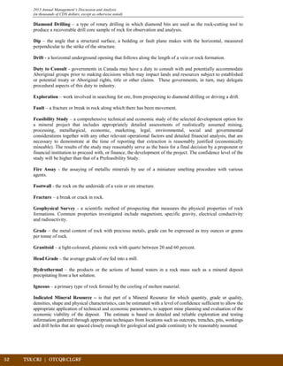 52	 TSX:CRJ | OTCQB:CLGRF			
2013 Annual Management’s Discussion and Analysis
(in thousands of CDN dollars, except as otherwise noted)
Diamond Drilling – a type of rotary drilling in which diamond bits are used as the rock-cutting tool to
produce a recoverable drill core sample of rock for observation and analysis.
Dip – the angle that a structural surface, a bedding or fault plane makes with the horizontal, measured
perpendicular to the strike of the structure.
Drift - a horizontal underground opening that follows along the length of a vein or rock formation.
Duty to Consult - governments in Canada may have a duty to consult with and potentially accommodate
Aboriginal groups prior to making decisions which may impact lands and resources subject to established
or potential treaty or Aboriginal rights, title or other claims. These governments, in turn, may delegate
procedural aspects of this duty to industry.
Exploration – work involved in searching for ore, from prospecting to diamond drilling or driving a drift.
Fault – a fracture or break in rock along which there has been movement.
Feasibility Study – a comprehensive technical and economic study of the selected development option for
a mineral project that includes appropriately detailed assessments of realistically assumed mining,
processing, metallurgical, economic, marketing, legal, environmental, social and governmental
considerations together with any other relevant operational factors and detailed financial analysis, that are
necessary to demonstrate at the time of reporting that extraction is reasonably justified (economically
mineable). The results of the study may reasonably serve as the basis for a final decision by a proponent or
financial institution to proceed with, or finance, the development of the project. The confidence level of the
study will be higher than that of a Prefeasibility Study.
Fire Assay - the assaying of metallic minerals by use of a miniature smelting procedure with various
agents.
Footwall - the rock on the underside of a vein or ore structure.
Fracture – a break or crack in rock.
Geophysical Survey - a scientific method of prospecting that measures the physical properties of rock
formations. Common properties investigated include magnetism, specific gravity, electrical conductivity
and radioactivity.
Grade – the metal content of rock with precious metals, grade can be expressed as troy ounces or grams
per tonne of rock.
Granitoid – a light-coloured, plutonic rock with quartz between 20 and 60 percent.
Head Grade – the average grade of ore fed into a mill.
Hydrothermal – the products or the actions of heated waters in a rock mass such as a mineral deposit
precipitating from a hot solution.
Igneous – a primary type of rock formed by the cooling of molten material.
Indicated Mineral Resource – is that part of a Mineral Resource for which quantity, grade or quality,
densities, shape and physical characteristics, can be estimated with a level of confidence sufficient to allow the
appropriate application of technical and economic parameters, to support mine planning and evaluation of the
economic viability of the deposit. The estimate is based on detailed and reliable exploration and testing
information gathered through appropriate techniques from locations such as outcrops, trenches, pits, workings
and drill holes that are spaced closely enough for geological and grade continuity to be reasonably assumed.
 