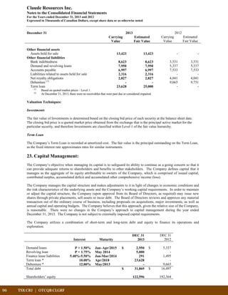 96	 TSX:CRJ | OTCQB:CLGRF			
Claude Resources Inc.
Notes to the Consolidated Financial Statements
For the Years ended December 31, 2013 and 2012
Expressed in Thousands of Canadian Dollars, except share data or as otherwise noted
December 31 2013 2012
Carrying
Value
Estimated
Fair Value
Carrying
Value
Estimated
Fair Value
Other financial assets
Assets held for sale 13,423 13,423 - -
Other financial liabilities
Bank indebtedness 8,623 8,623 3,531 3,531
Demand and revolving loans 7,950 7,950 5,337 5,337
Accounts payable 6,997 6,997 7,533 7,533
Liabilities related to assets held for sale 2,316 2,316 - -
Net royalty obligations 2,827 2,827 4,041 4,041
Debenture (1)
- - 9,665 9,751
Term loan 23,628 25,000 - -
(1)
Based on quoted market prices – Level 1.
(2)
At December 31, 2013, there were no receivables that were past due or considered impaired.
Valuation Techniques:
Investments
The fair value of Investments is determined based on the closing bid price of each security at the balance sheet date.
The closing bid price is a quoted market price obtained from the exchange that is the principal active market for the
particular security, and therefore Investments are classified within Level 1 of the fair value hierarchy.
Term Loan
The Company’s Term Loan is recorded at amortized cost. The fair value is the principal outstanding on the Term Loan,
as the fixed interest rate approximates rates for similar instruments.
23. Capital Management:
The Company’s objective when managing its capital is to safeguard its ability to continue as a going concern so that it
can provide adequate returns to shareholders and benefits to other stakeholders. The Company defines capital that it
manages as the aggregate of its equity attributable to owners of the Company, which is comprised of issued capital,
contributed surplus, accumulated deficit and accumulated other comprehensive income (loss).
The Company manages the capital structure and makes adjustments to it in light of changes in economic conditions and
the risk characteristics of the underlying assets and the Company’s working capital requirements. In order to maintain
or adjust the capital structure, the Company (upon approval from its Board of Directors, as required) may issue new
shares through private placements, sell assets or incur debt. The Board of Directors reviews and approves any material
transaction out of the ordinary course of business, including proposals on acquisitions, major investments, as well as
annual capital and operating budgets. The Company believes that this approach, given the relative size of the Company,
is reasonable. There were no changes in the Company’s approach to capital management during the year ended
December 31, 2013. The Company is not subject to externally imposed capital requirements.
The Company utilizes a combination of short-term and long-term debt and equity to finance its operations and
exploration.
DEC 31 DEC 31
Interest Maturity 2013 2012
Demand loans P + 1.50% Jan–Apr/2015 $ 2,950 $ 5,337
Revolving loan P + 1.75% May 2014 5,000 -
Finance lease liabilities 5.40%-5.50% Jan-Mar/2014 291 1,495
Term loan * 10.00% Apr/2018 23,628 -
Debenture * 12.00% May/2013 - 9,665
Total debt $ 31,869 $ 16,497
Shareholders’ equity 122,596 192,364
 