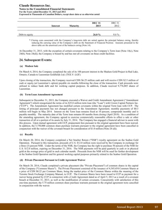 Annual Report 2013		 97	
Claude Resources Inc.
Notes to the Consolidated Financial Statements
For the Years ended December 31, 2013 and 2012
Expressed in Thousands of Canadian Dollars, except share data or as otherwise noted
DEC 31 DEC 31
Interest Maturity 2013 2012
Debt to equity 26.0 % 8.6 %
* Closing costs associated with the Company’s long-term debt are netted against the principal balance owing, thereby
reducing the carrying value of the Company’s debt on the Statement of Financial Position. Amounts presented in the
above table are the amortized cost of the balances owing (Note 14).
At December 31, 2013, with the exception of certain covenants relating to the Company’s Term loan (Note 14(c), Note
24(b), Note 24(d)), the Company is bound by and has met all covenants on these credit facilities.
24. Subsequent Events:
(a) Madsen Sale
On March 4, 2014, the Company completed the sale of its 100 percent interest in the Madsen Gold Project in Red Lake,
Ontario, Canada to Laurentian Goldfields Ltd. (TSX.V: LGF).
Upon closing of the transaction, the Company received CDN $6.25 million cash and will receive CDN $2.5 million of
cash or equity (at Laurentian’s option) payable six months following the close of the transaction. Cash proceeds were
utilized to reduce bank debt and for working capital purposes. In addition, Claude received 9,776,885 shares of
Laurentian.
(b) Term Loan Amendment Agreement
Subsequent to December 31, 2013, the Company executed a Waiver and Credit Amendment Agreement (“Amendment
Agreement”) which renegotiated the terms of its $25.0 million term loan (the “Loan”) with Crown Capital Partners Inc.
(“CCP”). The Amendment Agreement has modified certain covenants within the original Term loan with CCP. The
timing of principal payments has not changed pursuant to the Amendment Agreement; monthly payments of $0.3
million will begin in May 2014. Interest on the Term loan remains fixed at 10 percent, compounds monthly and is
payable monthly. The maturity date of the Term loan remains 60 months from closing (April 2018). As a condition of
the amending agreement, the Company agreed to exercise commercially reasonable efforts to effect a sale or other
transaction of all or a portion of its assets by July 31, 2014. The Company has engaged a financial advisor to assist with
this process. Upon mutual agreement with CCP, prepayment fees pursuant to the original agreement have been waived.
In addition, the 5,750,000 common share purchase warrants pursuant to the original agreement have been cancelled in
conjunction with the waiver of the covenant breach for consideration of $1.0 million (Note 24 (d)).
(c) Royalty
On March 20, 2014, the Company completed a Net Smelter Return (“NSR”) royalty agreement on the Seabee Gold
Operation. Pursuant to this transaction, proceeds of U.S. $12.0 million were received by the Company in exchange for
a three (3) percent NSR. Under the terms of the NSR, the Company has the right to purchase 50 percent of the NSR for
U.S. $12.0 million, expiring on December 31, 2016. The NSR payments will be paid quarterly in cash or in physical
gold at the average price of gold in each calendar month. Proceeds from the NSR will be used for further development
at the Seabee Gold Operation and for general working capital purposes primarily related to the Seabee Gold Operation.
(d) Private Placement Pursuant to Credit Agreement Waiver
On March 28, 2014, Claude completed a private placement (the "Private Placement") of common shares in the capital
of the Company ("Common Shares"). The Private Placement consisted of the issuance of 4,545,454 Common Shares at
a price of CDN $0.22 per Common Share, being the market price of the Common Shares within the meaning of the
Toronto Stock Exchange Company Manual, to CCP. The Common Shares have been issued to CCP as payment for a
waiver being granted by CCP in connection with a Credit Agreement dated as of April 5, 2013 as a result of a covenant
breach at December 31, 2013, as well as the modification of certain covenants. Concurrently with satisfaction of this
one-time payment, the 5.75 million common share purchase warrants pursuant to the original agreement were cancelled
in conjunction with the waiver.
 