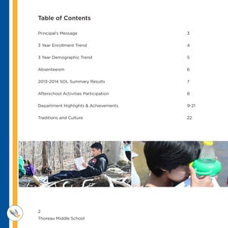 2
Thoreau Middle School 					
M IDDLE SCHOOL
THOREAU
Principal’s Message	 3
3 Year Enrollment Trend	 4
3 Year Demographic Trend	 5
Absenteeism	 6
2013-2014 SOL Summary Results	 7
Afterschool Activities Participation	 8
Department Highlights & Achievements	 9-21
Traditions and Culture	 22
Table of Contents
 