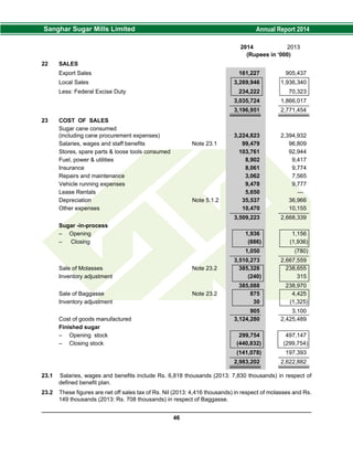 2014 2013
(Rupees in ‘000)
22 SALES
Export Sales 161,227 905,437
Local Sales 3,269,946 1,936,340
Less: Federal Excise Duty 234,222 70,323
3,035,724 1,866,017
3,196,951 2,771,454
23 COST OF SALES
Sugar cane consumed
(including cane procurement expenses) 3,224,823 2,394,932
Salaries, wages and staff benefits Note 23.1 99,479 96,809
Stores, spare parts & loose tools consumed 103,761 92,944
Fuel, power & utilities 8,902 9,417
Insurance 8,061 9,774
Repairs and maintenance 3,062 7,565
Vehicle running expenses 9,478 9,777
Lease Rentals 5,650 —
Depreciation Note 5.1.2 35,537 36,966
Other expenses 10,470 10,155
3,509,223 2,668,339
Sugar -in-process
– Opening 1,936 1,156
– Closing (886) (1,936)
1,050 (780)
3,510,273 2,667,559
Sale of Molasses Note 23.2 385,328 238,655
Inventory adjustment (240) 315
385,088 238,970
Sale of Baggasse Note 23.2 875 4,425
Inventory adjustment 30 (1,325)
905 3,100
Cost of goods manufactured 3,124,280 2,425,489
Finished sugar
– Opening stock 299,754 497,147
– Closing stock (440,832) (299,754)
(141,078) 197,393
2,983,202 2,622,882
23.1 Salaries, wages and benefits include Rs. 6,818 thousands (2013: 7,830 thousands) in respect of
defined benefit plan.
23.2 These figures are net off sales tax of Rs. Nil (2013: 4,416 thousands) in respect of molasses and Rs.
149 thousands (2013: Rs. 708 thousands) in respect of Baggasse.
46
 