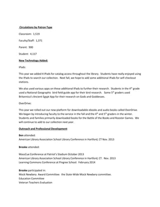 Circulations by Patron Type
Classroom: 1,519
Faculty/Staff: 1,371
Parent: 900
Student: 4,117
New Technology Added:
IPads:
This year we added 4 IPads for catalog access throughout the library. Students have really enjoyed using
the IPads to search our collection. Next fall, we hope to add some additional IPads for self-checkout
stations.
We also used various apps on these additional IPads to further their research. Students in the 4th
grade
used a National Geographic bird field guide app for their bird research. Some 5th
graders used
Britannica’s Ancient Egypt App for their research on Gods and Goddesses.
OverDrive:
This year we rolled out our new platform for downloadable ebooks and audio books called OverDrive.
We began by introducing faculty to the service in the fall and the 4th
and 5th
graders in the winter.
Students and families primarily downloaded books for the Battle of the Books and Rooster Games. We
will continue to add to our collection next year.
Outreach and Professional Development
Ben attended:
American Library Association School Library Conference in Hartford, CT Nov. 2013
Brooke attended:
MassCue Conference at Patriot’s Stadium October 2013
American Library Association School Library Conference in Hartford, CT. Nov. 2013
Learning Commons Conference at Pingree School. February 2014
Brooke participated in:
Mock Newbery Award Committee: the State-Wide Mock Newbery committee.
Education Committee
Veteran Teachers Evaluation
 