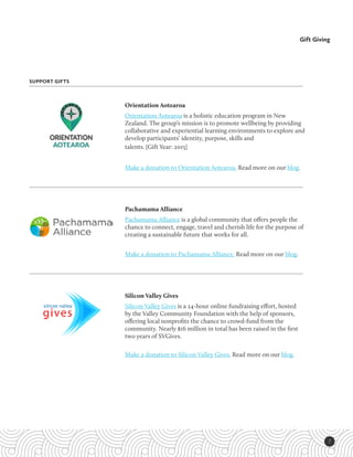 7
Gift Giving
SUPPORT GIFTS
Orientation Aotearoa
Orientation Aotearoa is a holistic education program in New
Zealand. The group’s mission is to promote wellbeing by providing
collaborative and experiential learning environments to explore and
develop participants’ identity, purpose, skills and
talents. [Gift Year: 2015]
Make a donation to Orientation Aotearoa. Read more on our blog.
Pachamama Alliance
Pachamama Alliance is a global community that offers people the
chance to connect, engage, travel and cherish life for the purpose of
creating a sustainable future that works for all.
Make a donation to Pachamama Alliance. Read more on our blog.
Silicon Valley Gives
Silicon Valley Gives is a 24-hour online fundraising effort, hosted
by the Valley Community Foundation with the help of sponsors,
offering local nonprofits the chance to crowd-fund from the
community. Nearly $16 million in total has been raised in the first
two years of SVGives.
Make a donation to Silicon Valley Gives. Read more on our blog.
 