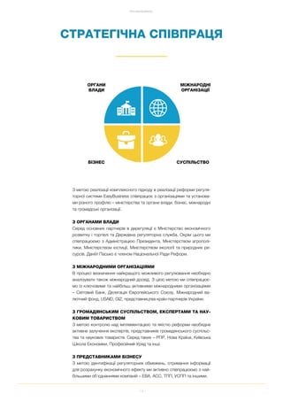 14
ПРО EASYBUSINESS
СТРАТЕГІЧНА СПІВПРАЦЯ
З метою реалізації комплексного підходу в реалізації реформи регуля
торної системи EasyBusiness співпрацює з організаціями та установа
ми різного профілю – міністерства та органи влади, бізнес, міжнародні
та громадські організації.
З ОРГАНАМИ ВЛАДИ
Серед основних партнерів в дерегуляції є Міністерство економічного
розвитку і торгівлі та Державна регуляторна служба. Окрім цього ми
співпрацюємо з Адміністрацією Президента, Міністерством агрополі
тики, Міністерством юстиції, Міністерством екології та природних ре
сурсів. Даніїл Пасько є членом Національної Ради Реформ.
З МІЖНАРОДНИМИ ОРГАНІЗАЦІЯМИ
В процесі визначення найкращого можливого регулювання необхідно
аналізувати також міжнародний досвід. З цією метою ми співпрацює
мо із ключовими та найбільш активними міжнародними організаціями
– Світовий Банк, Делегація Європейського Союзу, Міжнародний ва
лютний фонд, USAID, GIZ, представництва країн партнерів України.
З ГРОМАДЯНСЬКИМ СУСПІЛЬСТВОМ, ЕКСПЕРТАМИ ТА НАУ
КОВИМ ТОВАРИСТВОМ
З метою контролю над імплементацією та якістю реформи необхідне
активне залучення експертів, представників громадянського суспільс
тва та наукових товариств. Серед таких – РПР, Нова Країна, Київська
Школа Економіки, Професійний Уряд та інші.
З ПРЕДСТАВНИКАМИ БІЗНЕСУ
З метою ідентифікації регуляторних обмежень, отримання інформації
для розрахунку економічного ефекту ми активно співпрацюємо з най
більшими об'єднаннями компаній – EBA, АСС, ТПП, УСПП та іншими.
ОРГАНИ
ВЛАДИ
МІЖНАРОДНІ
ОРГАНІЗАЦІЇ
СУСПІЛЬСТВОБІЗНЕС
 